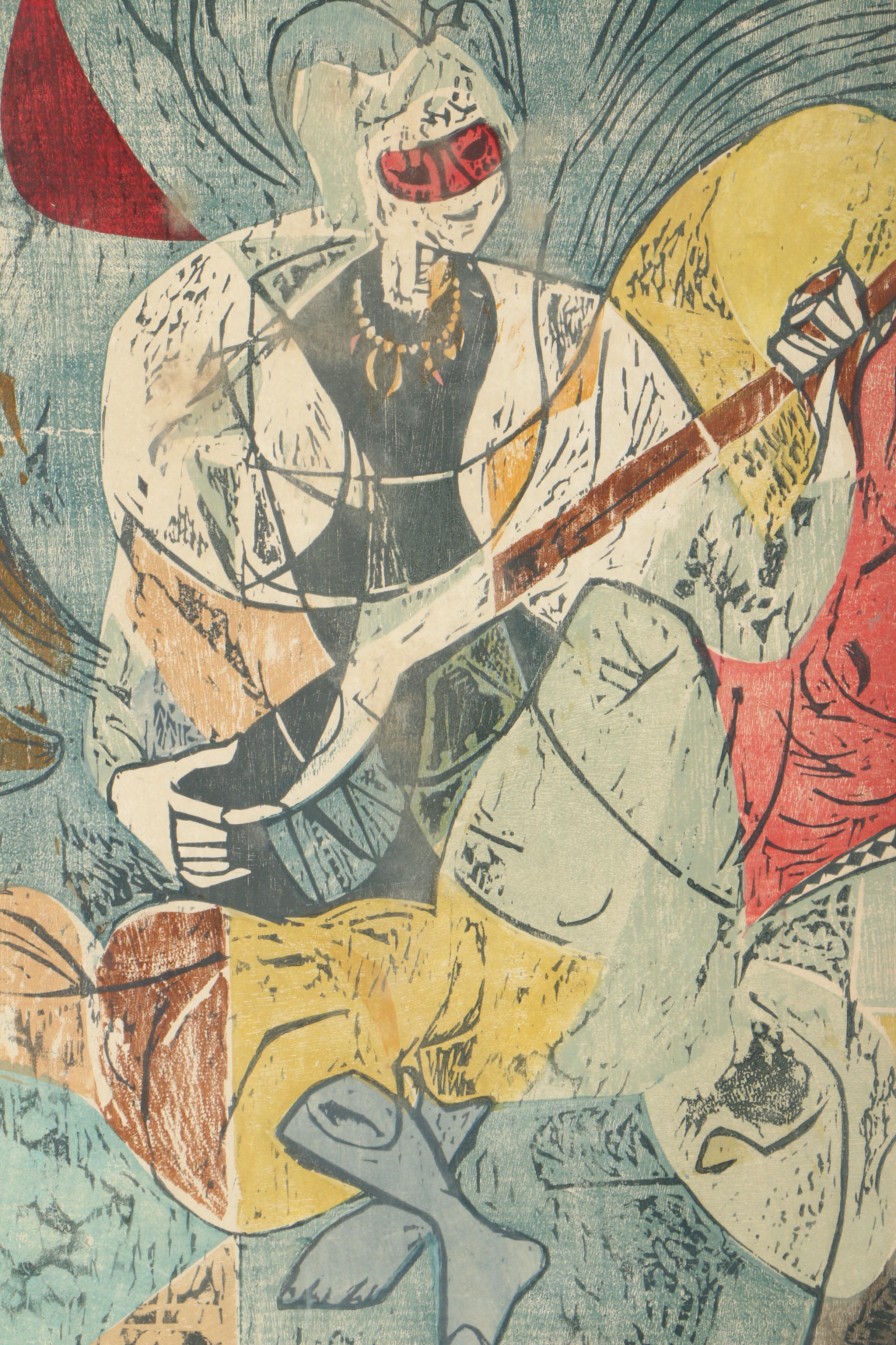 Irving Amen Woodcut Print "Lute Player"