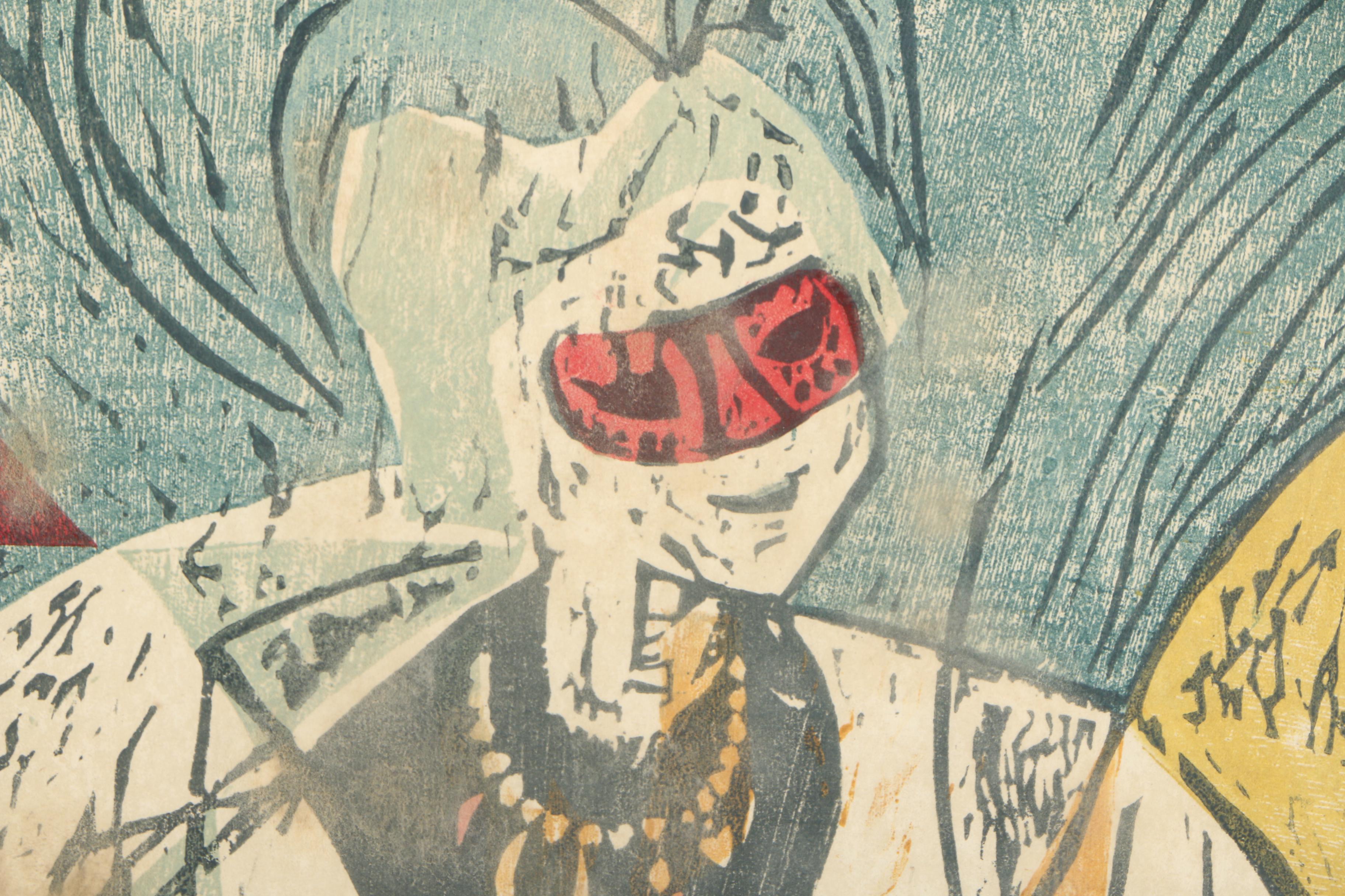 Irving Amen Woodcut Print "Lute Player"