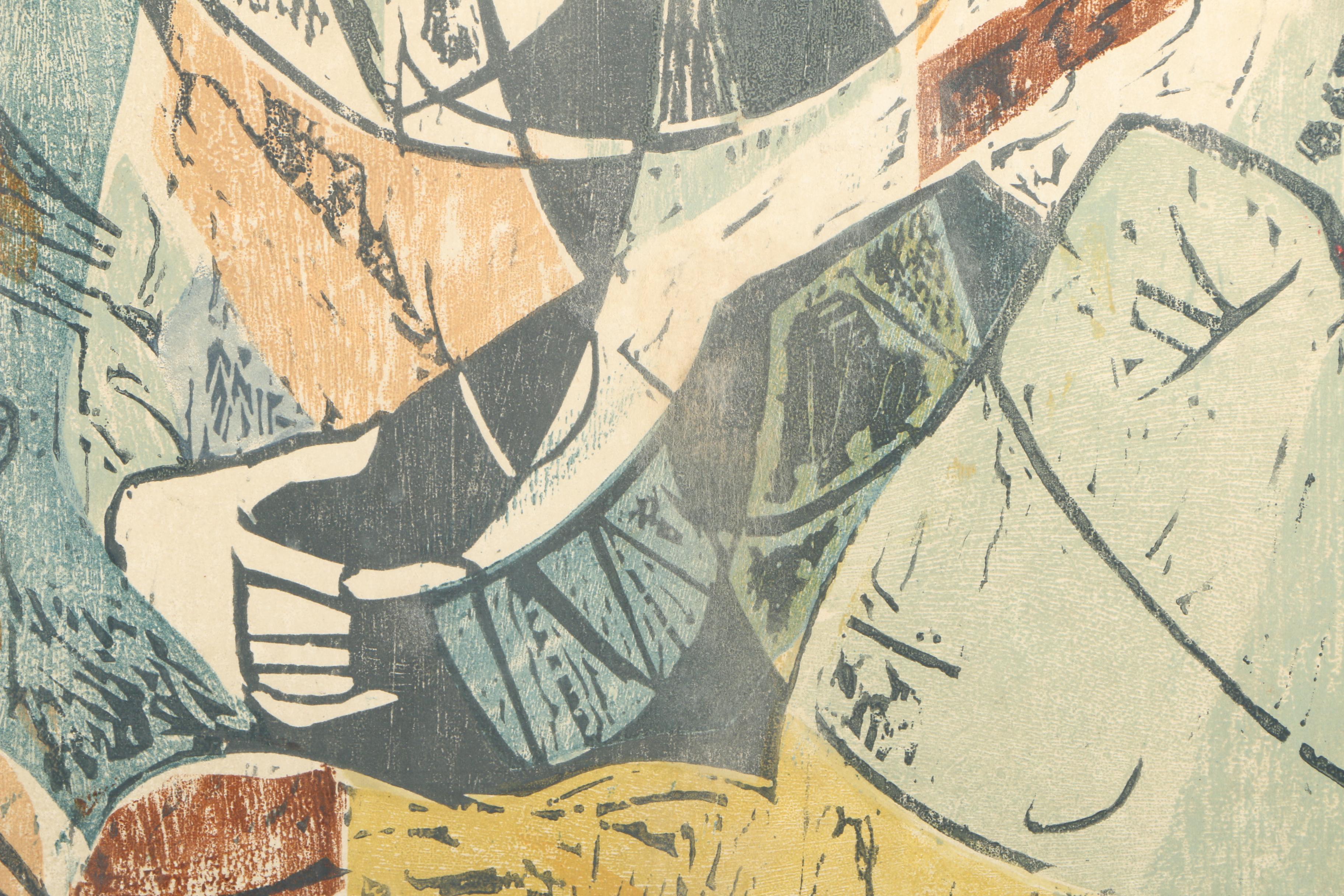 Irving Amen Woodcut Print "Lute Player"