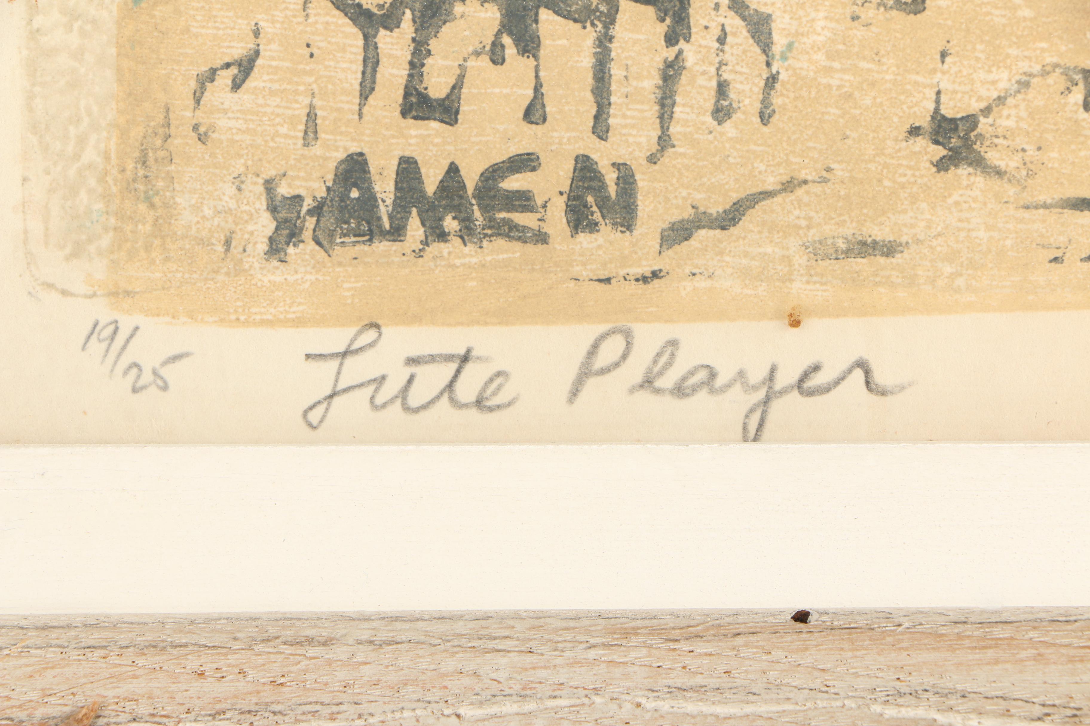 Irving Amen Woodcut Print "Lute Player"