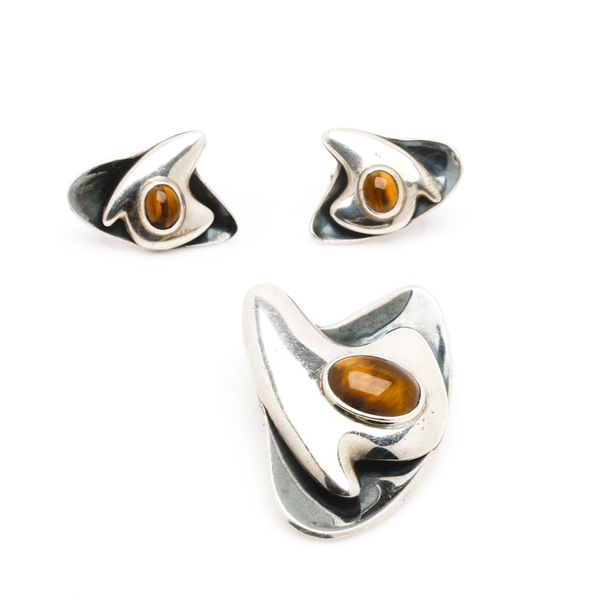 Mexican Modernist Sigi Pineda Sterling Silver Tiger's Eye Earrings and Brooch