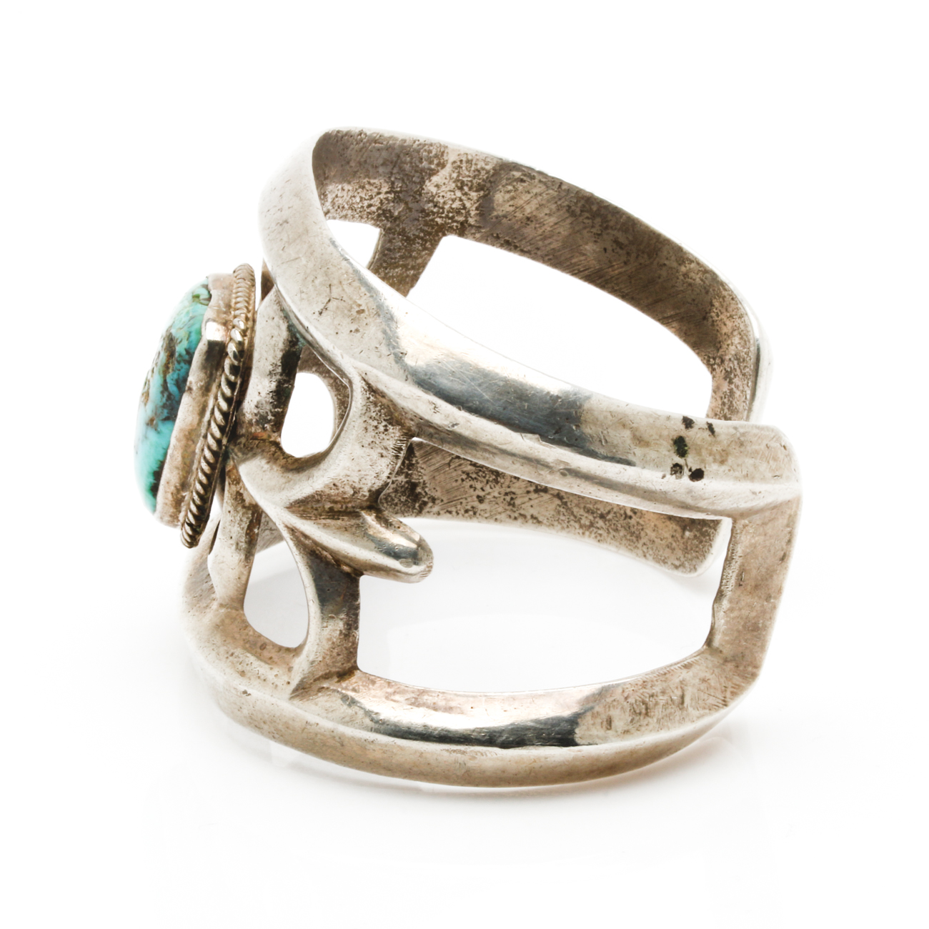 Old Pawn Sterling Silver Sand Cast Turquoise Cuff Bracelet