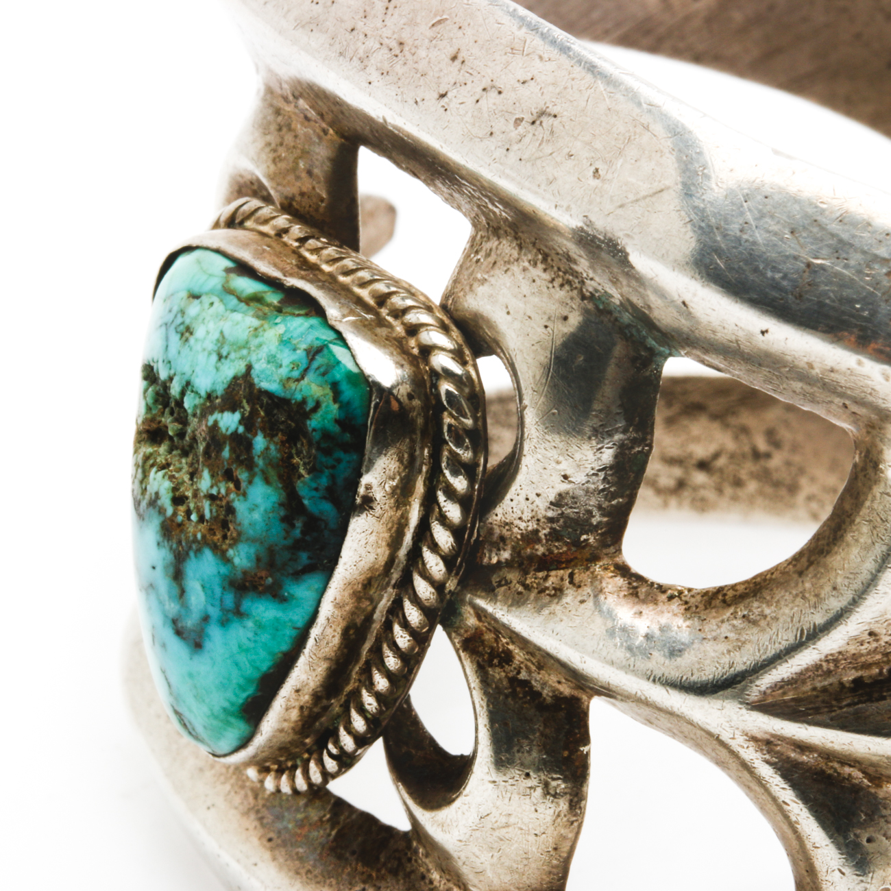 Old Pawn Sterling Silver Sand Cast Turquoise Cuff Bracelet
