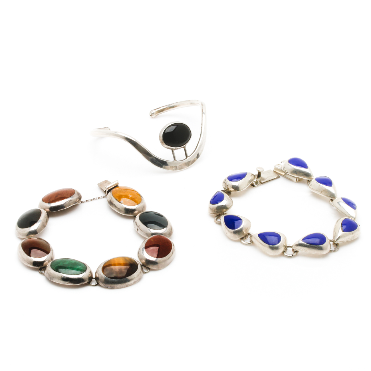 Mexican Sterling Silver Gemstone Link Bracelets with Onyx Cuff