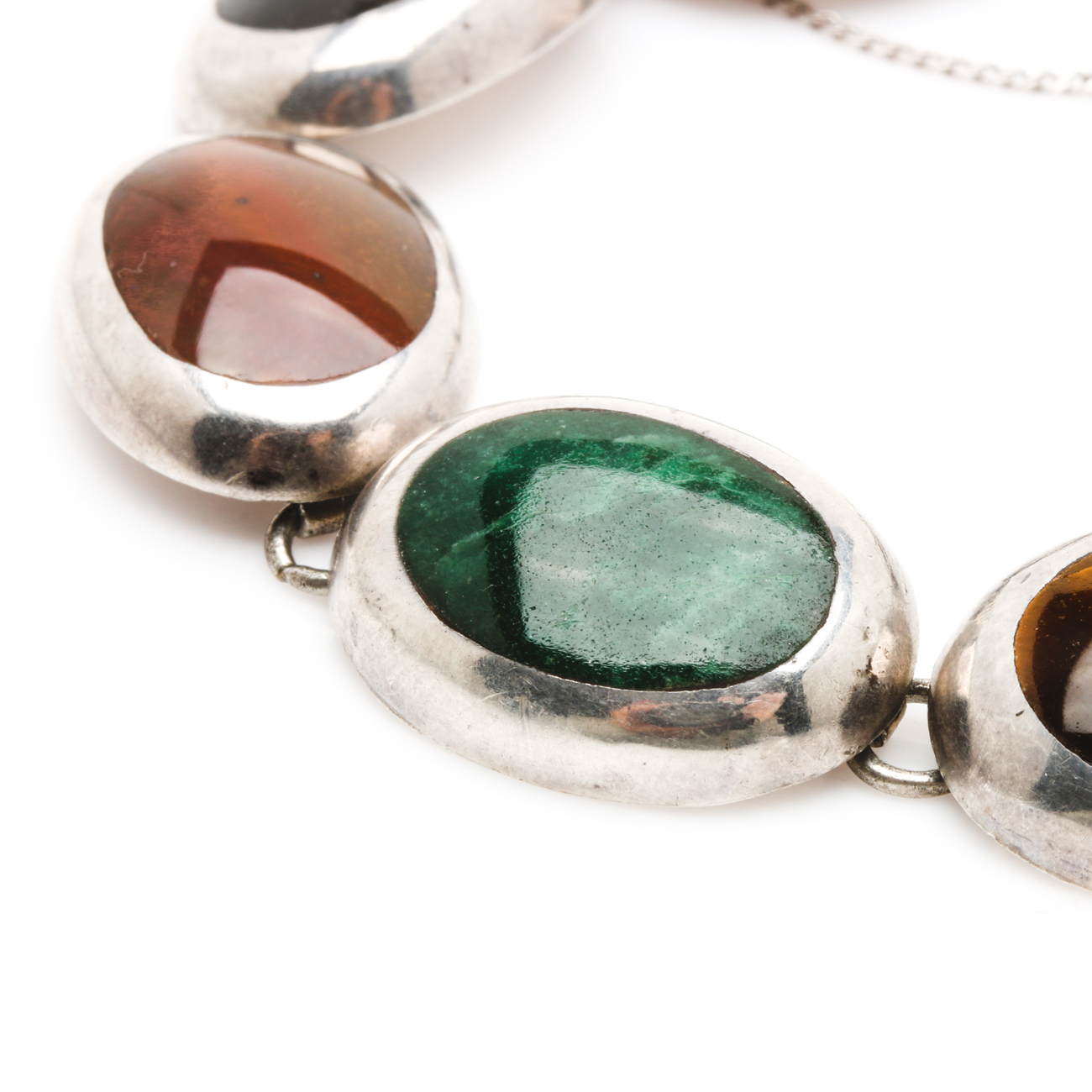 Mexican Sterling Silver Gemstone Link Bracelets with Onyx Cuff