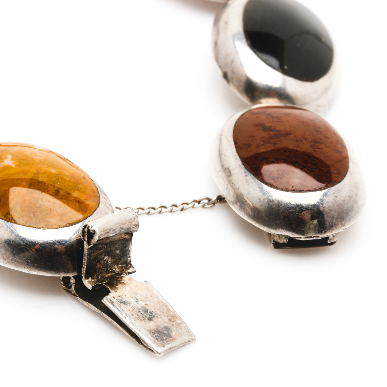 Mexican Sterling Silver Gemstone Link Bracelets with Onyx Cuff