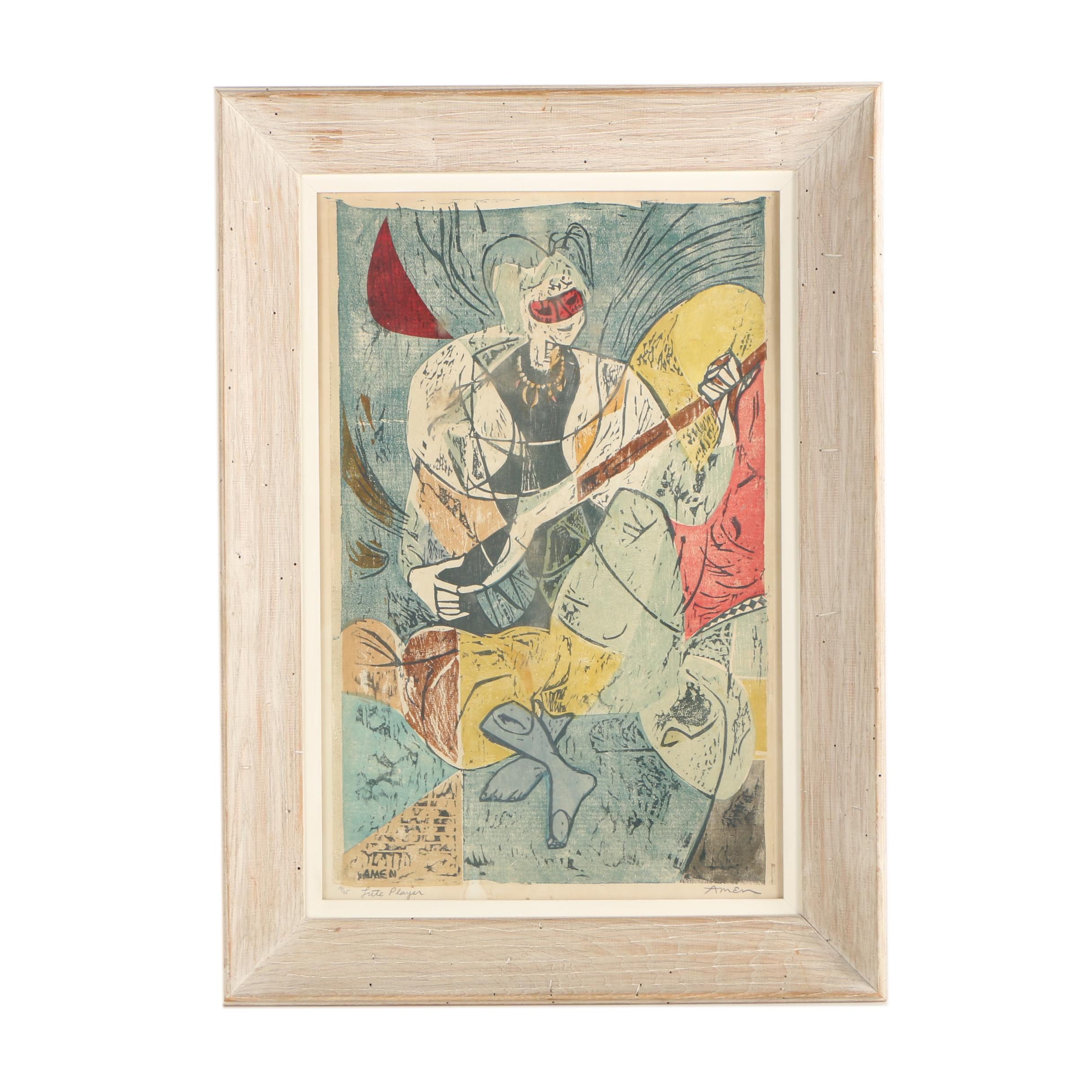 Irving Amen Woodcut Print "Lute Player"