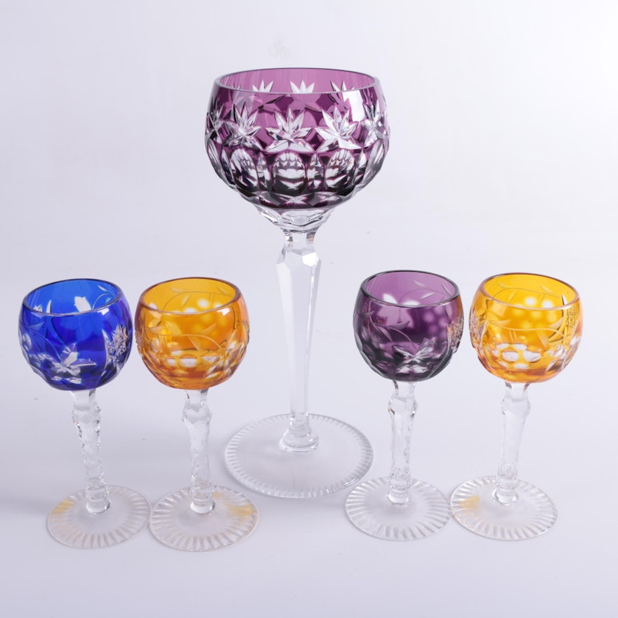 Bohemia Style Cased Cut to Clear Crystal Goblet and Cordial Glasses