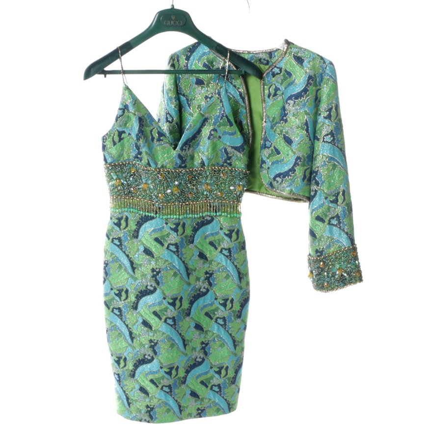1980s Emerald Green Beaded Tassel Brocade Evening Dress and Bolero