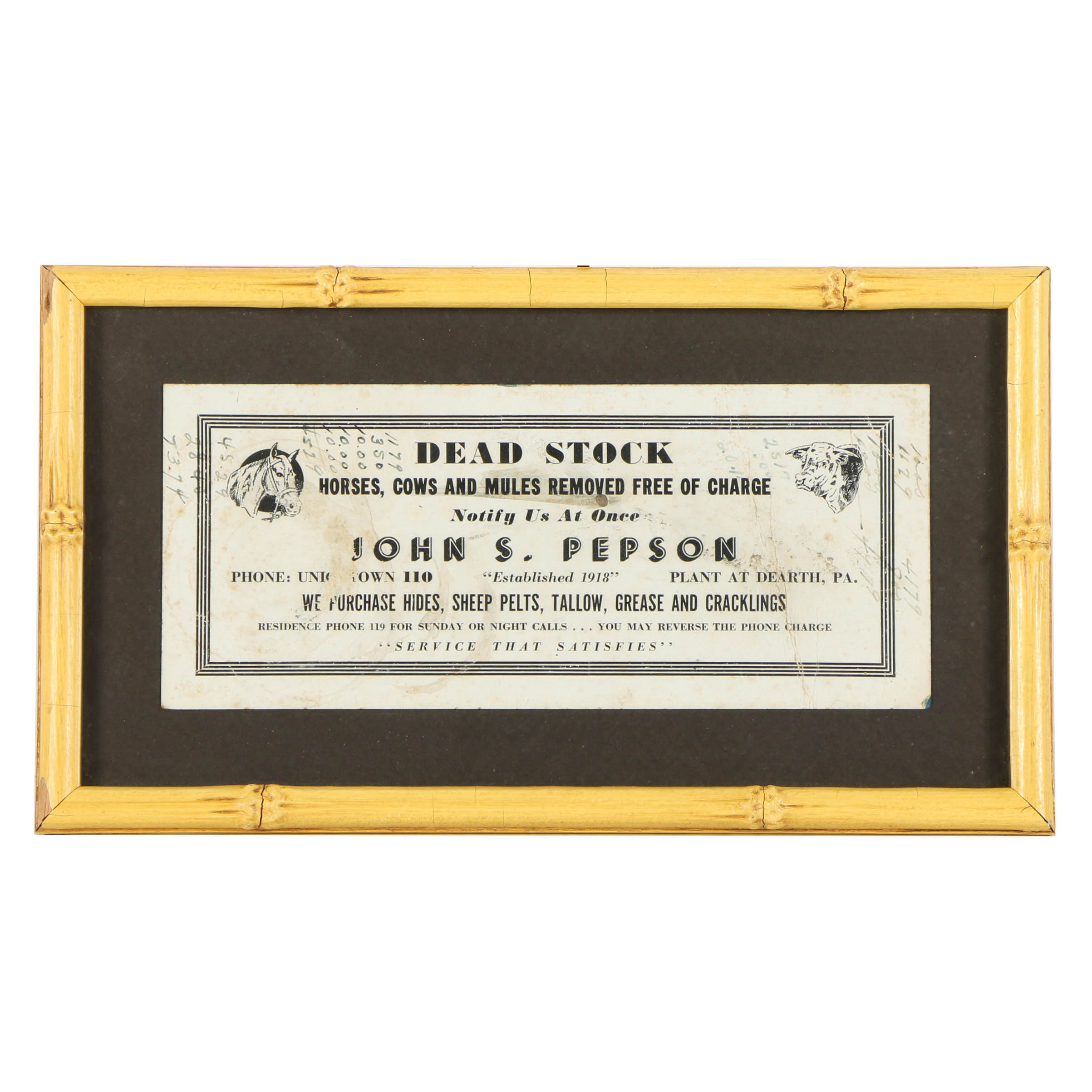 John S. Pepson Advertisement "Dead Stock Removal"
