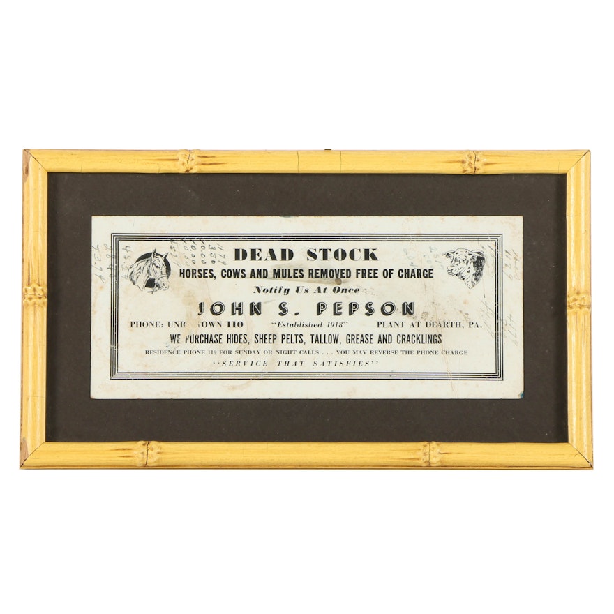 John S. Pepson Advertisement "Dead Stock Removal"