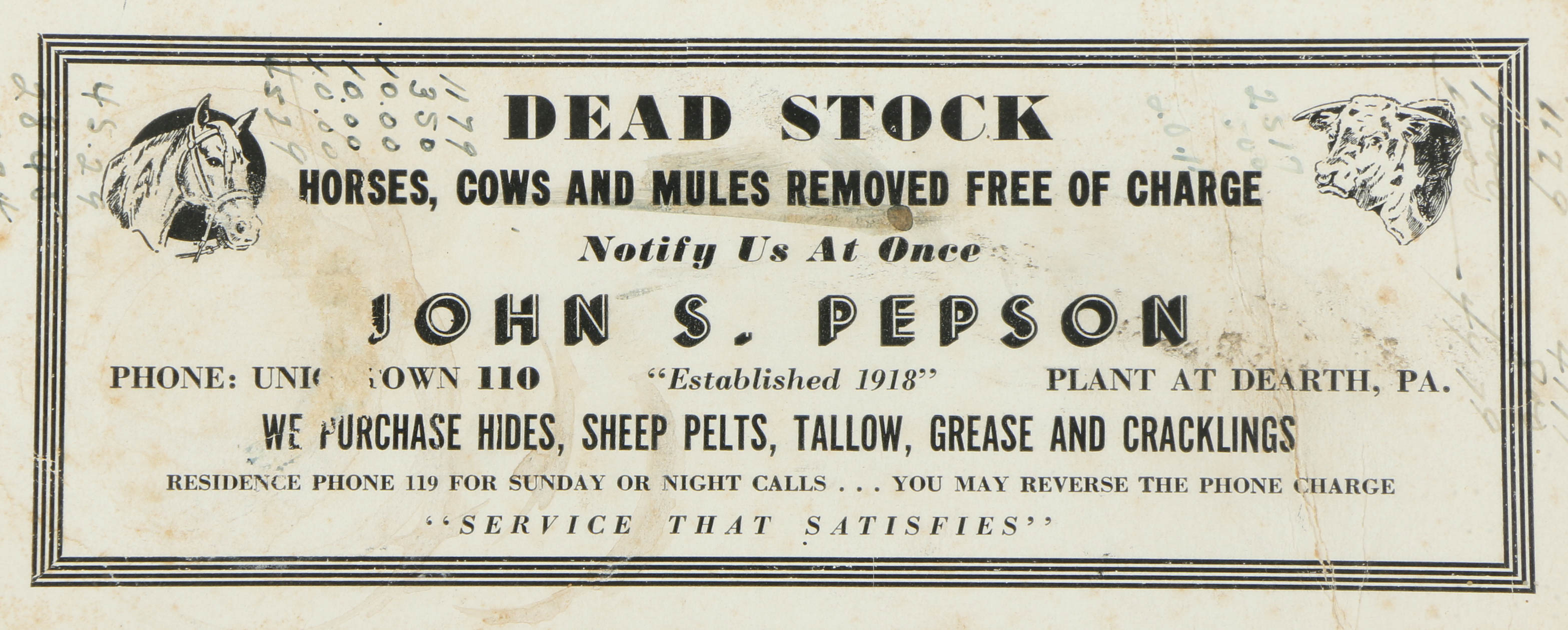 John S. Pepson Advertisement "Dead Stock Removal"