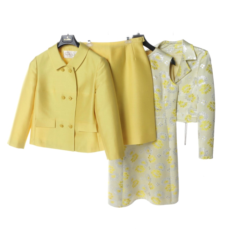 1960s Sunshine Yellow Linen and Silk Brocade Skirt and Dress Suits