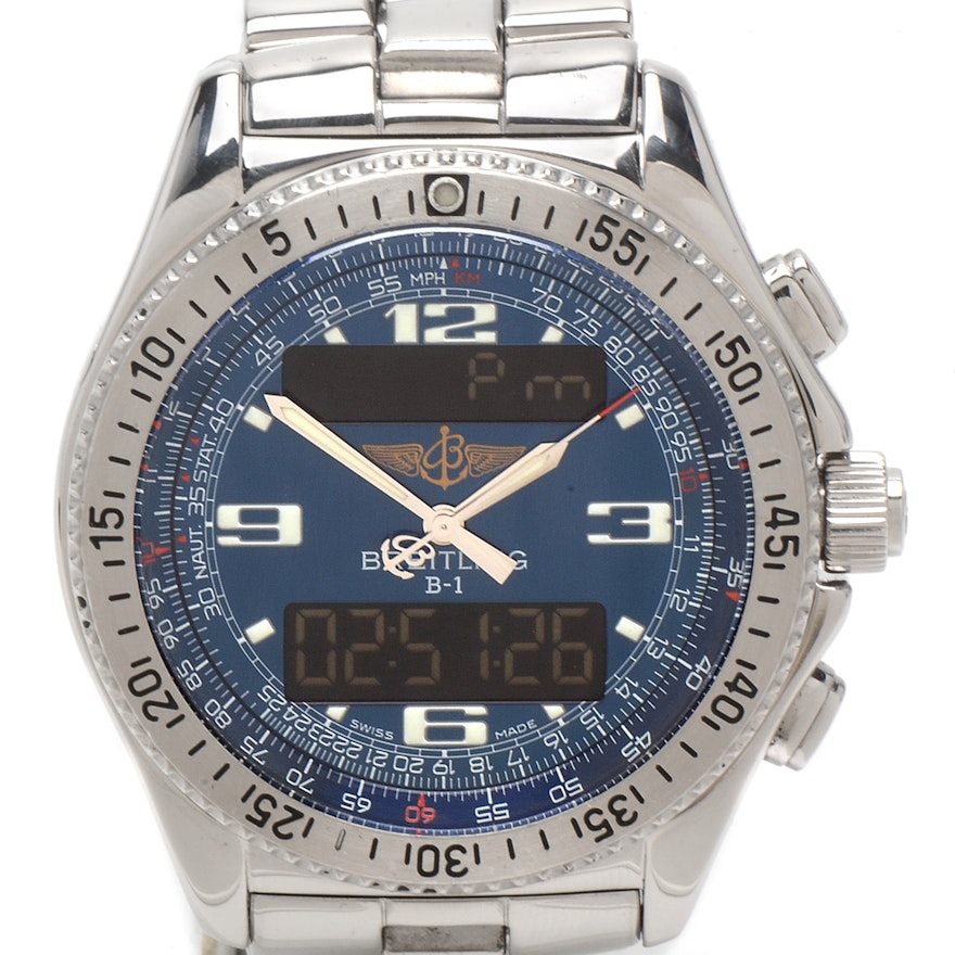 Breitling B-1 Quartz Chronograph Analog and Digital Stainless Steel Wristwatch