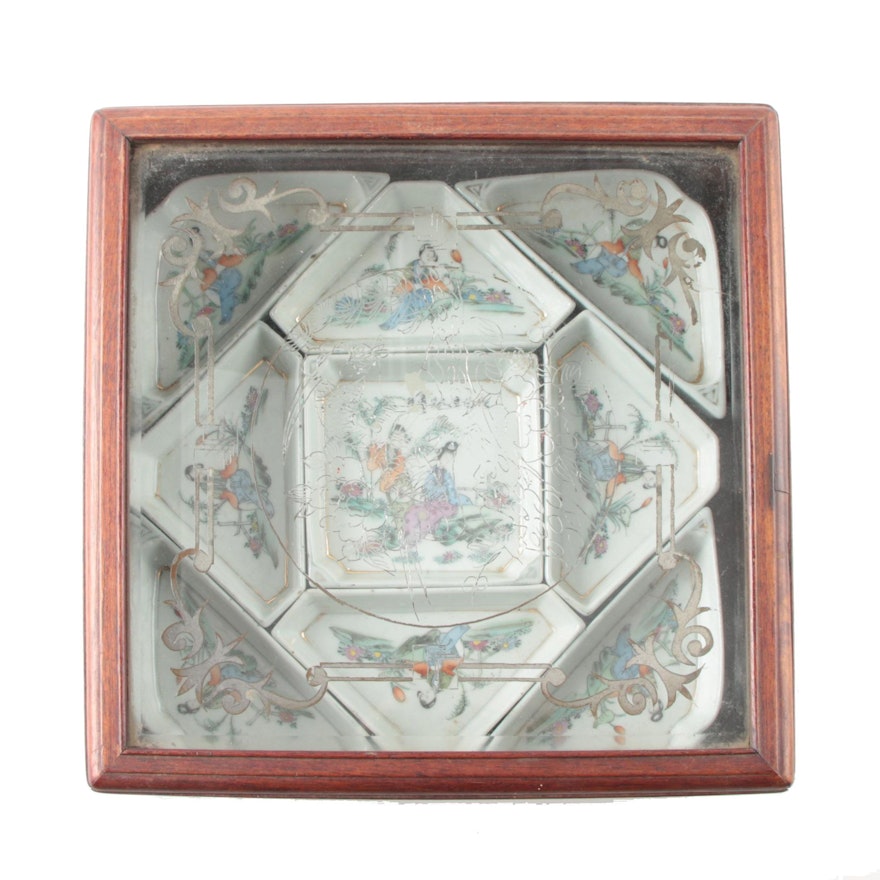 Wood Box with Asian Porcelain Dishes