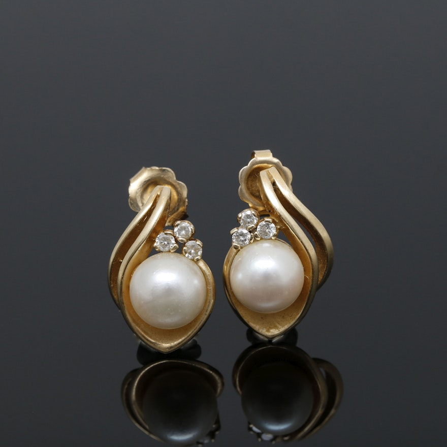 14K Yellow Gold Cultured Pearl and Diamond Earrings