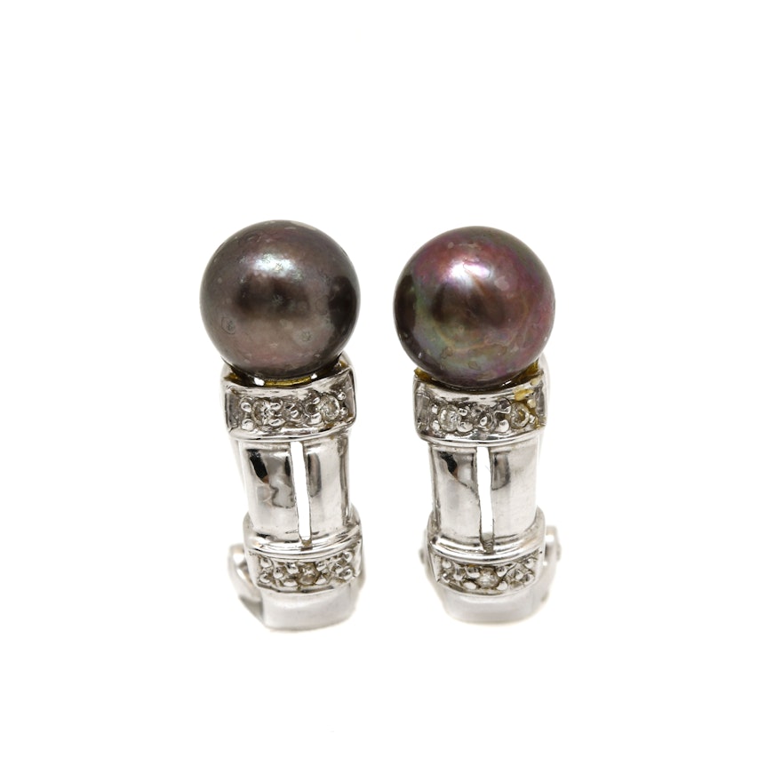 14K White Gold Cultured Pearl and Diamond Earrings