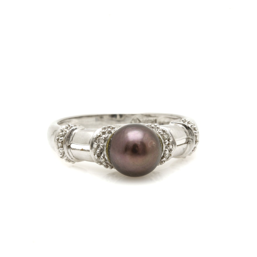 14K White Gold Cultured Pearl Ring With Diamond Accents