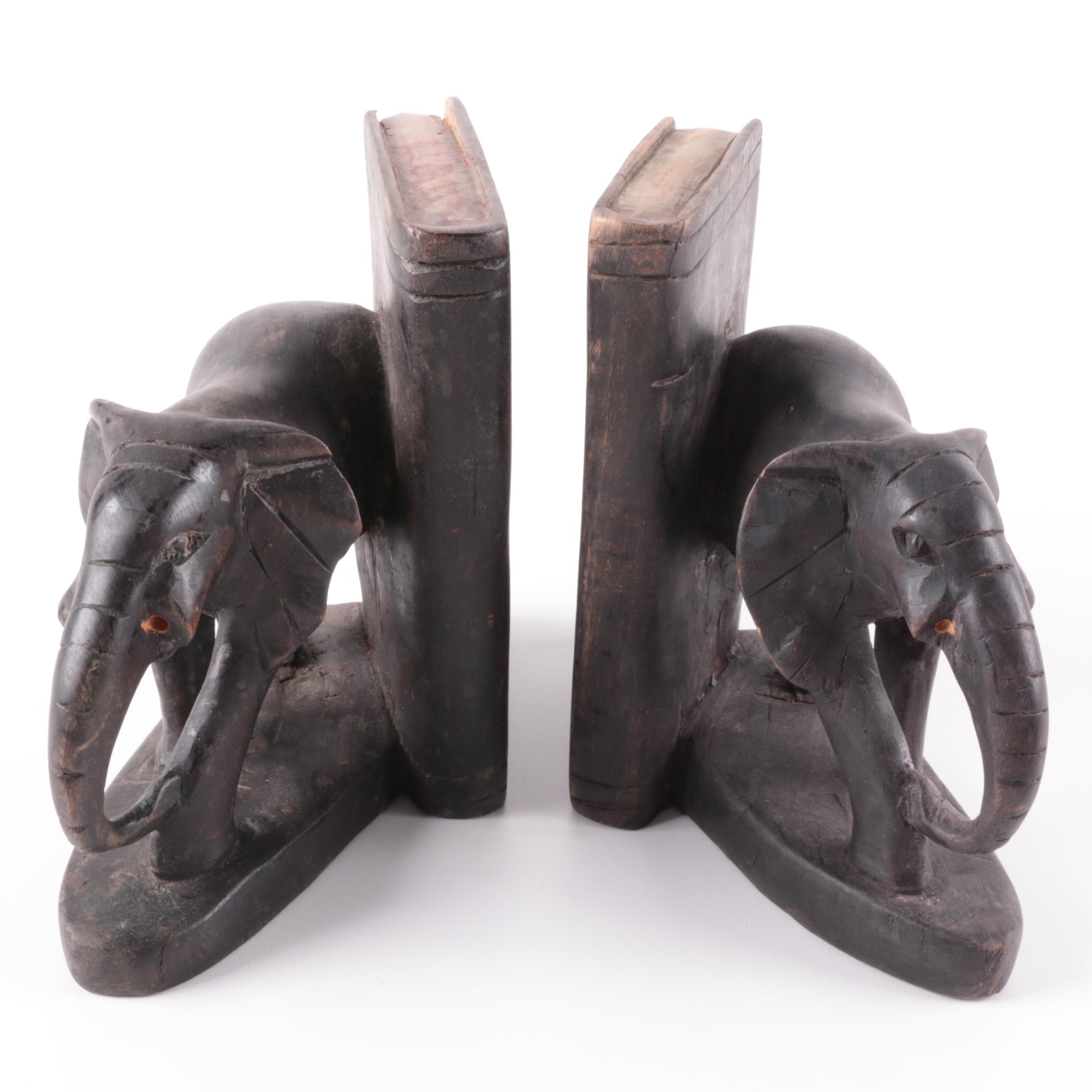 Vintage Carved Wooden Elephant Bookends