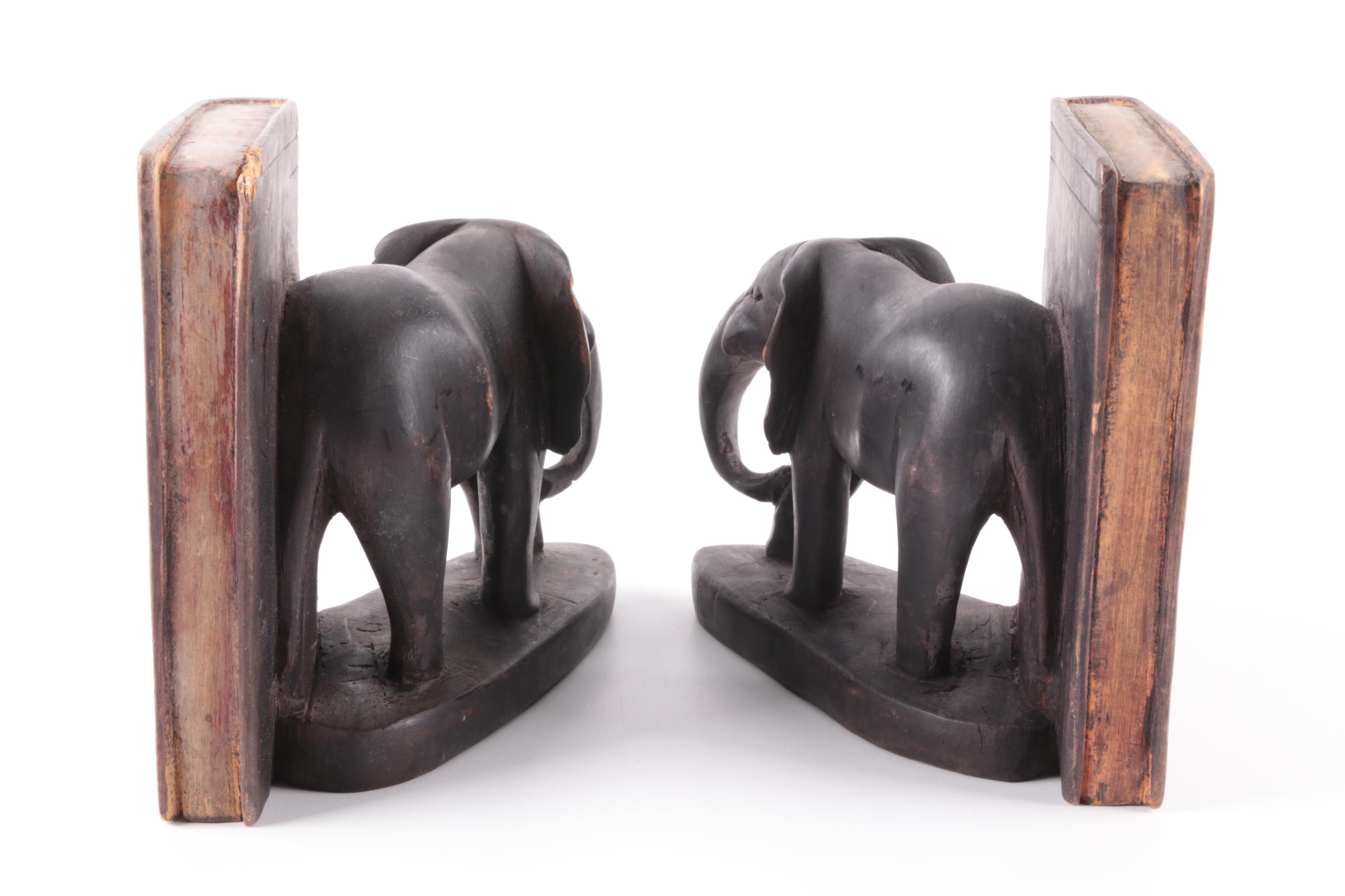 Vintage Carved Wooden Elephant Bookends