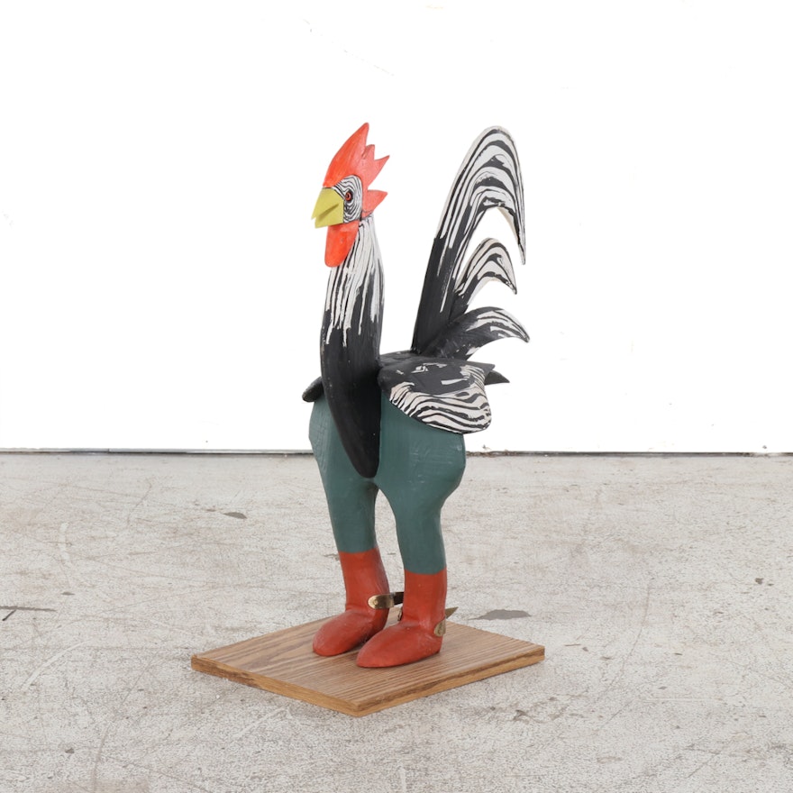 Clifton Barr Painted Wooden Folk Sculpture of Rooster