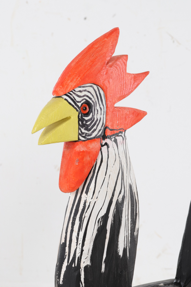 Clifton Barr Painted Wooden Folk Sculpture of Rooster