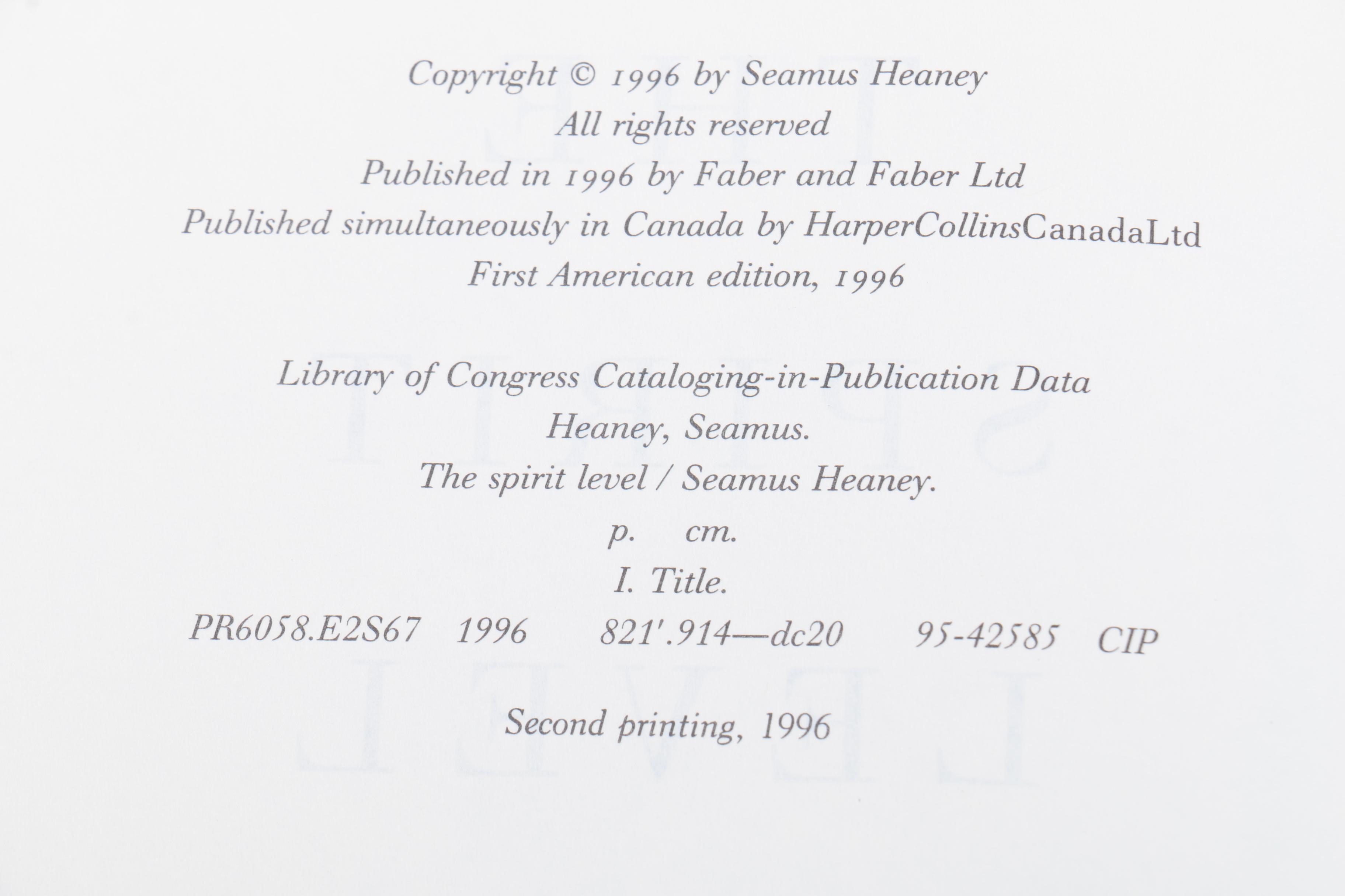 1996 Signed "The Spirit Level" by Seamus Heaney