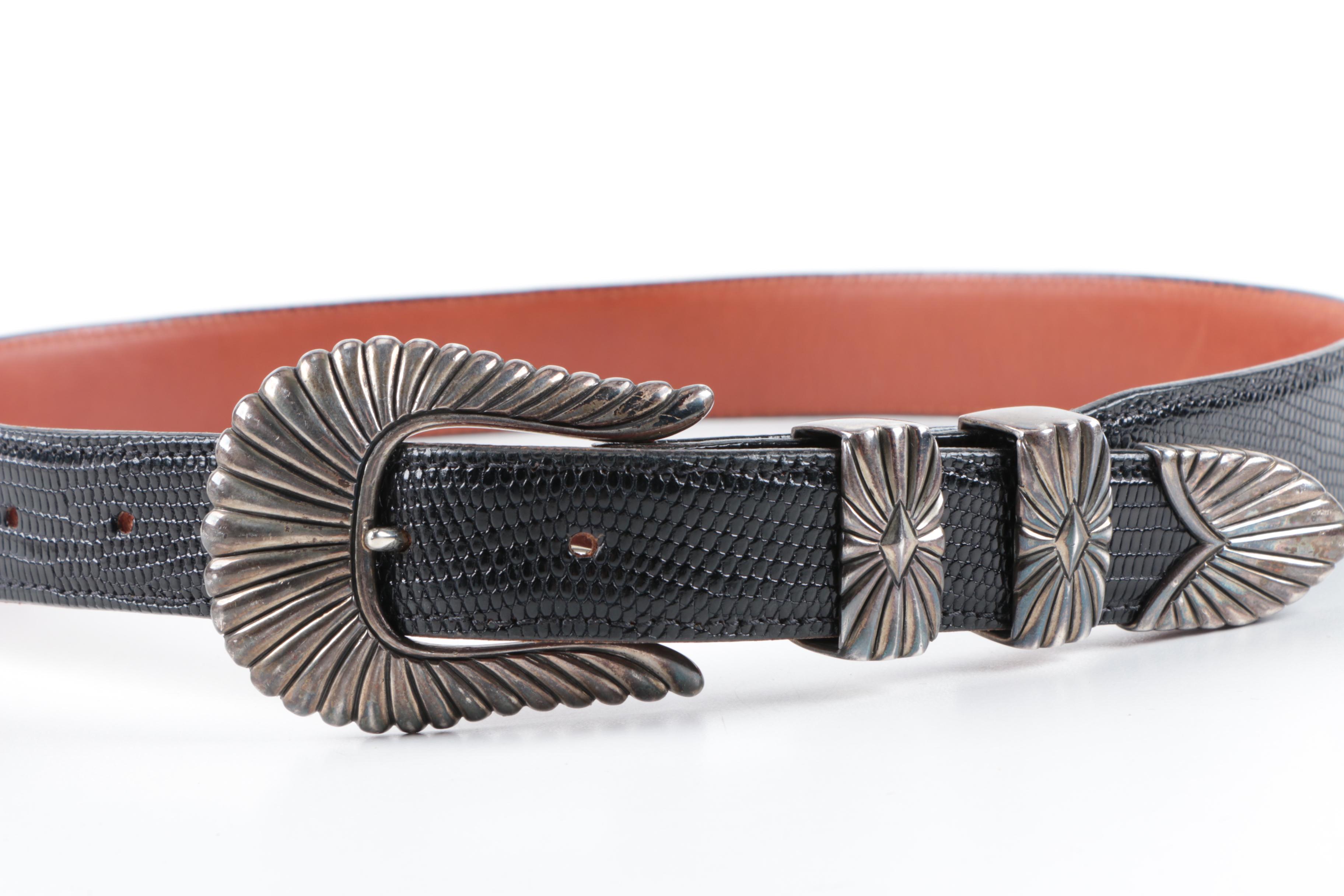 Lucchese Black Lizard Skin Belt With Sterling Silver Findings