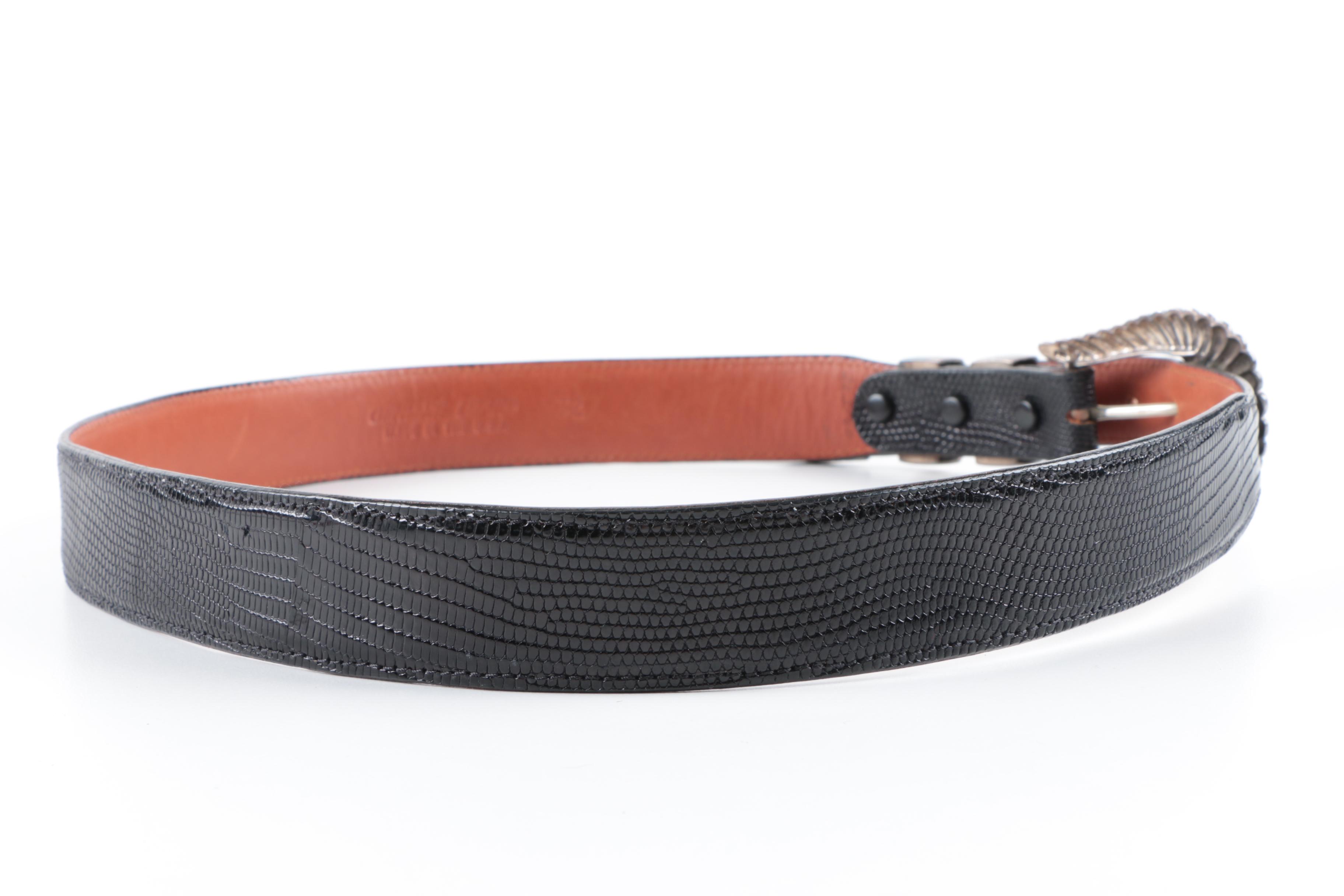 Lucchese Black Lizard Skin Belt With Sterling Silver Findings