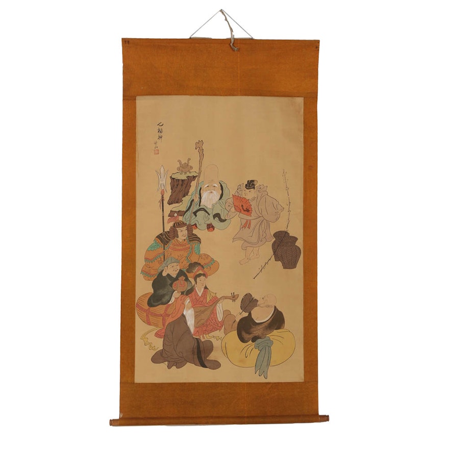 "Seven Lucky Gods" Hand-Painted Japanese Hanging Scroll Signed Keiyama