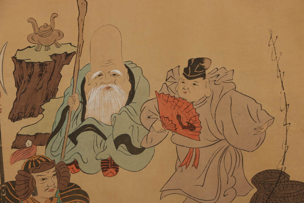 "Seven Lucky Gods" Hand-Painted Japanese Hanging Scroll Signed Keiyama
