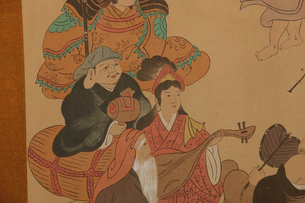 "Seven Lucky Gods" Hand-Painted Japanese Hanging Scroll Signed Keiyama