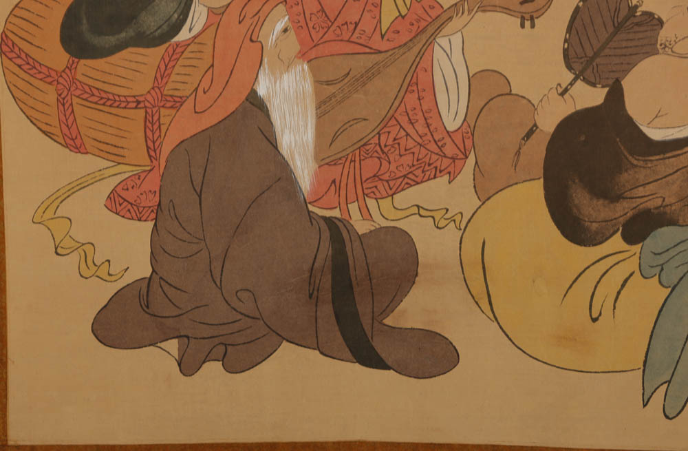 "Seven Lucky Gods" Hand-Painted Japanese Hanging Scroll Signed Keiyama