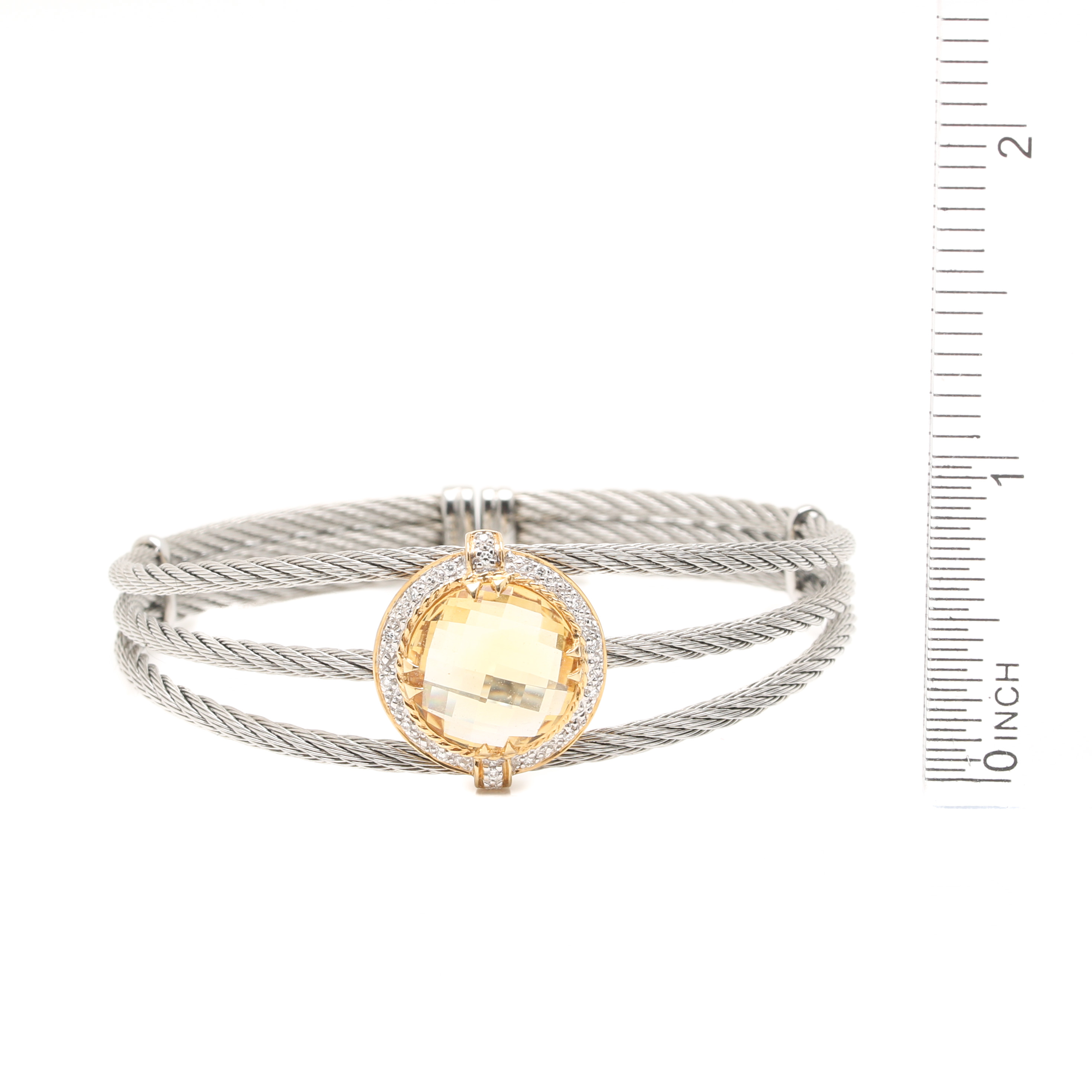 Charriol Stainless Steel and 18K Yellow Gold Citrine and Diamond Cuff Bracelet