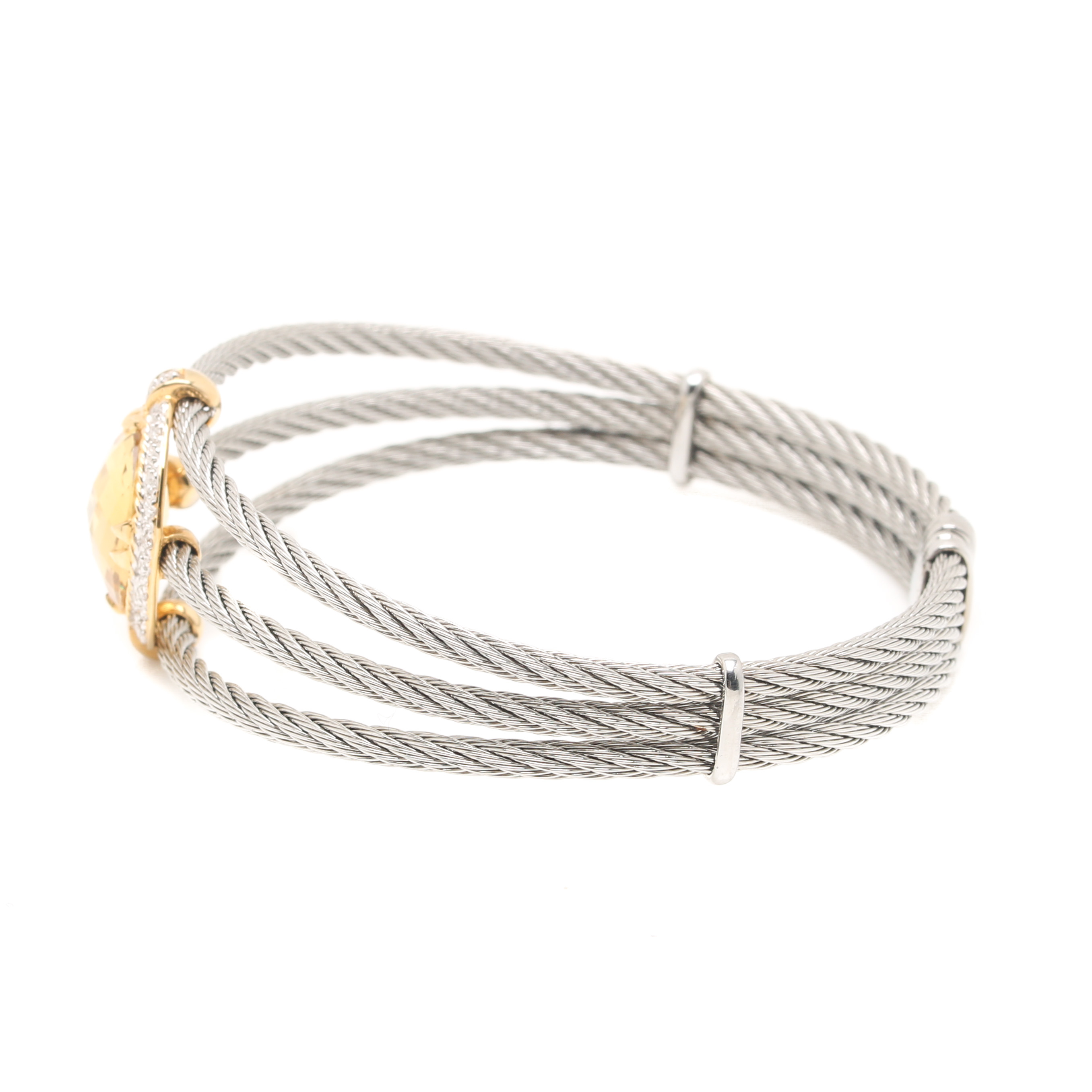Charriol Stainless Steel and 18K Yellow Gold Citrine and Diamond Cuff Bracelet