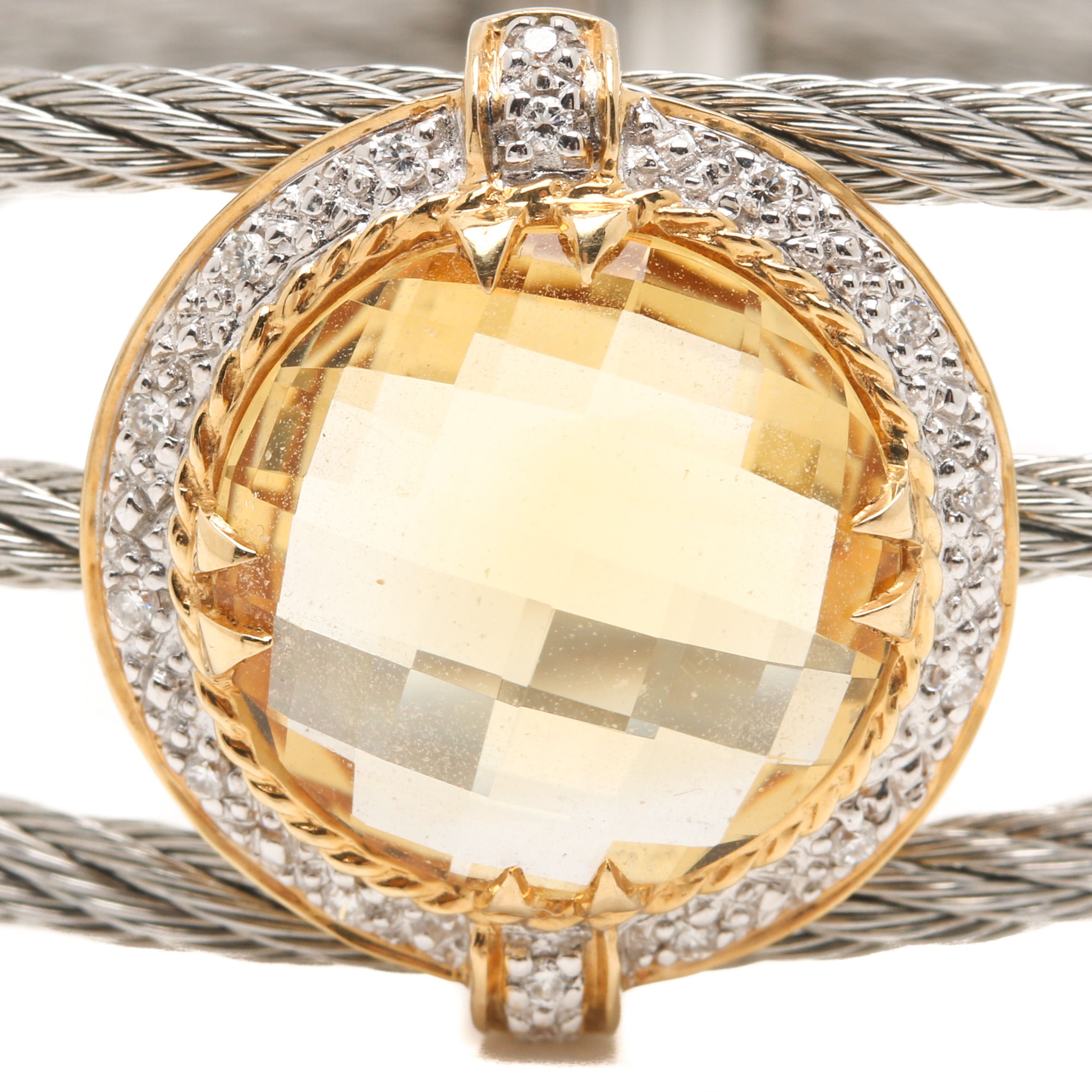 Charriol Stainless Steel and 18K Yellow Gold Citrine and Diamond Cuff Bracelet