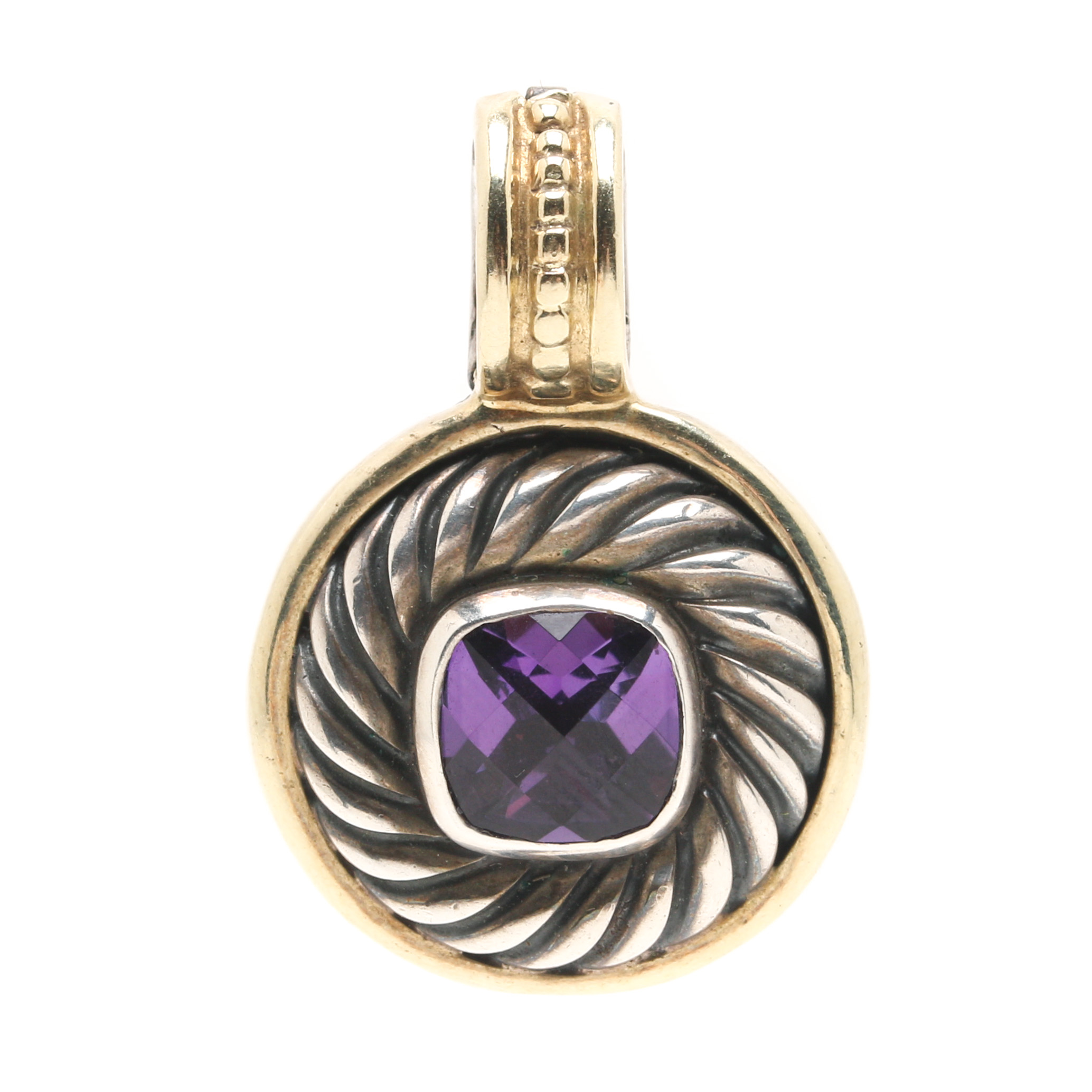 David Yurman Sterling Silver and 14K Yellow Gold Amethyst Pendant