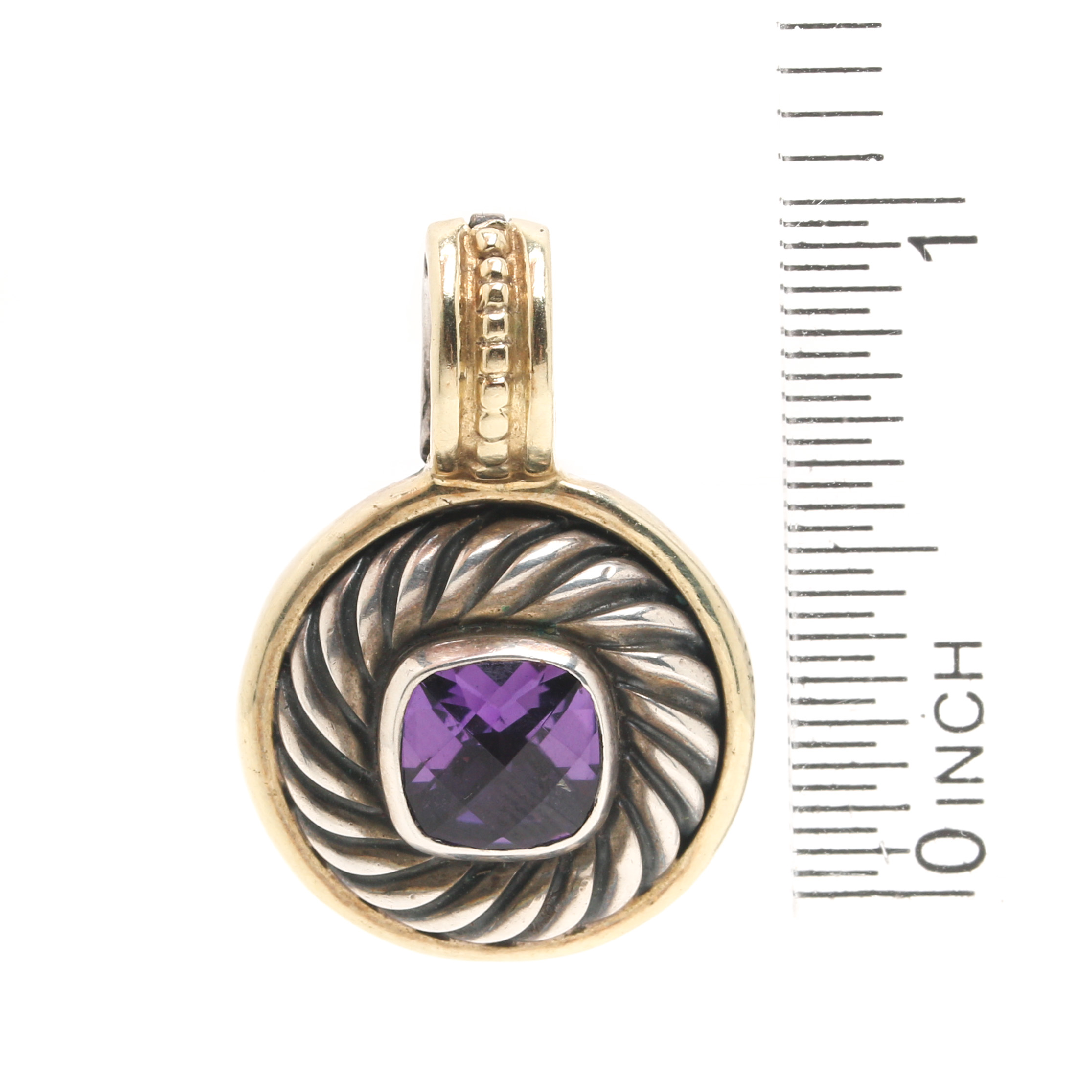 David Yurman Sterling Silver and 14K Yellow Gold Amethyst Pendant