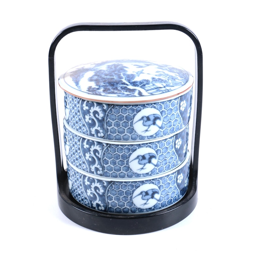 Japanese Porcelain Stacking Boxes With Carrying Holder