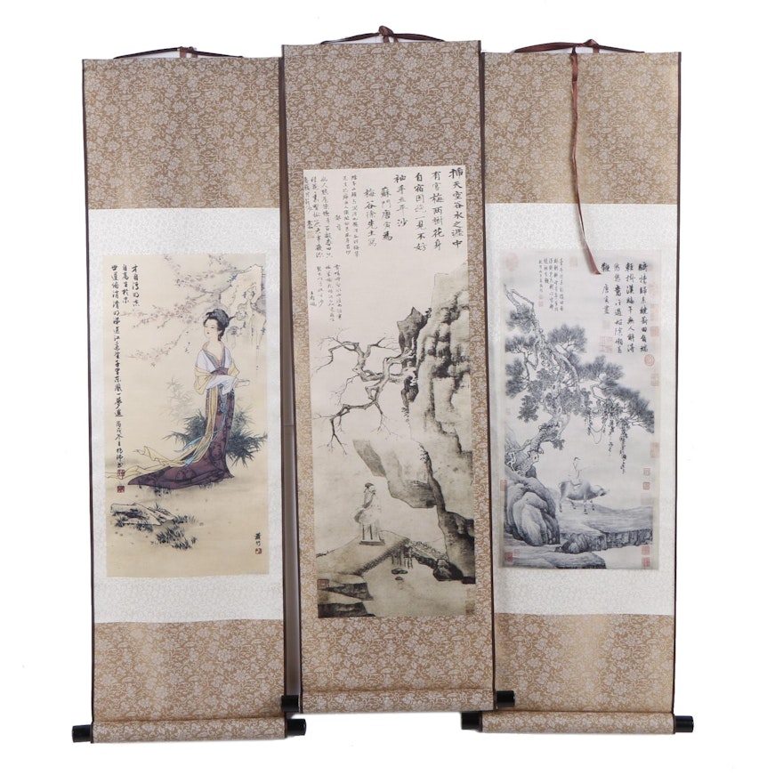 Chinese Silk Hanging Scrolls with Giclée Printed Nature Scenes