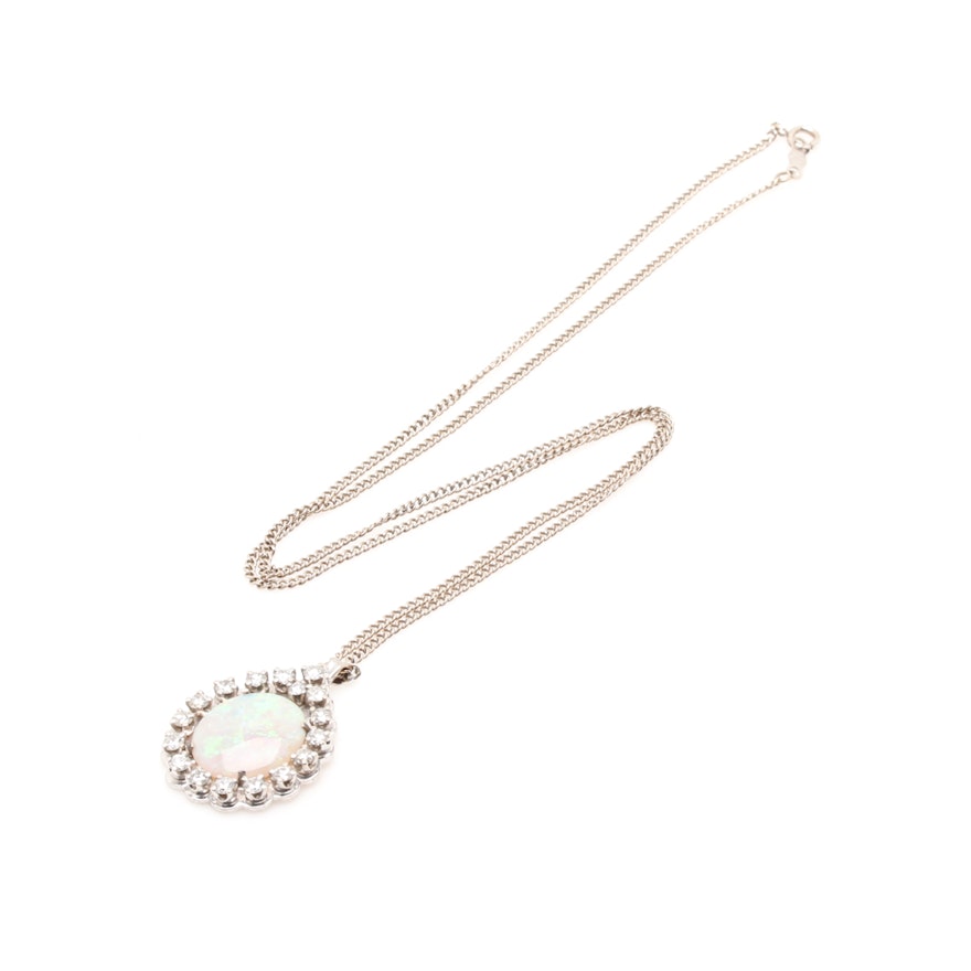 10K and 14K White Gold Opal and Diamond Pendant Necklace