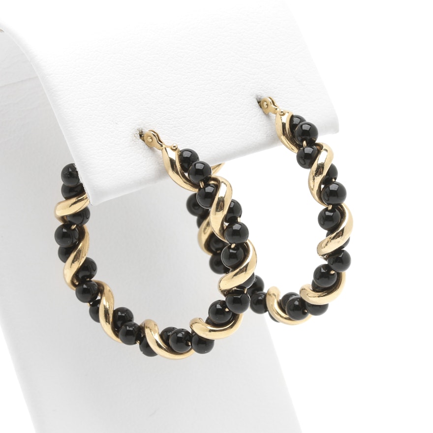 14K Yellow Gold Onyx Bead Twisted Hoop Earrings