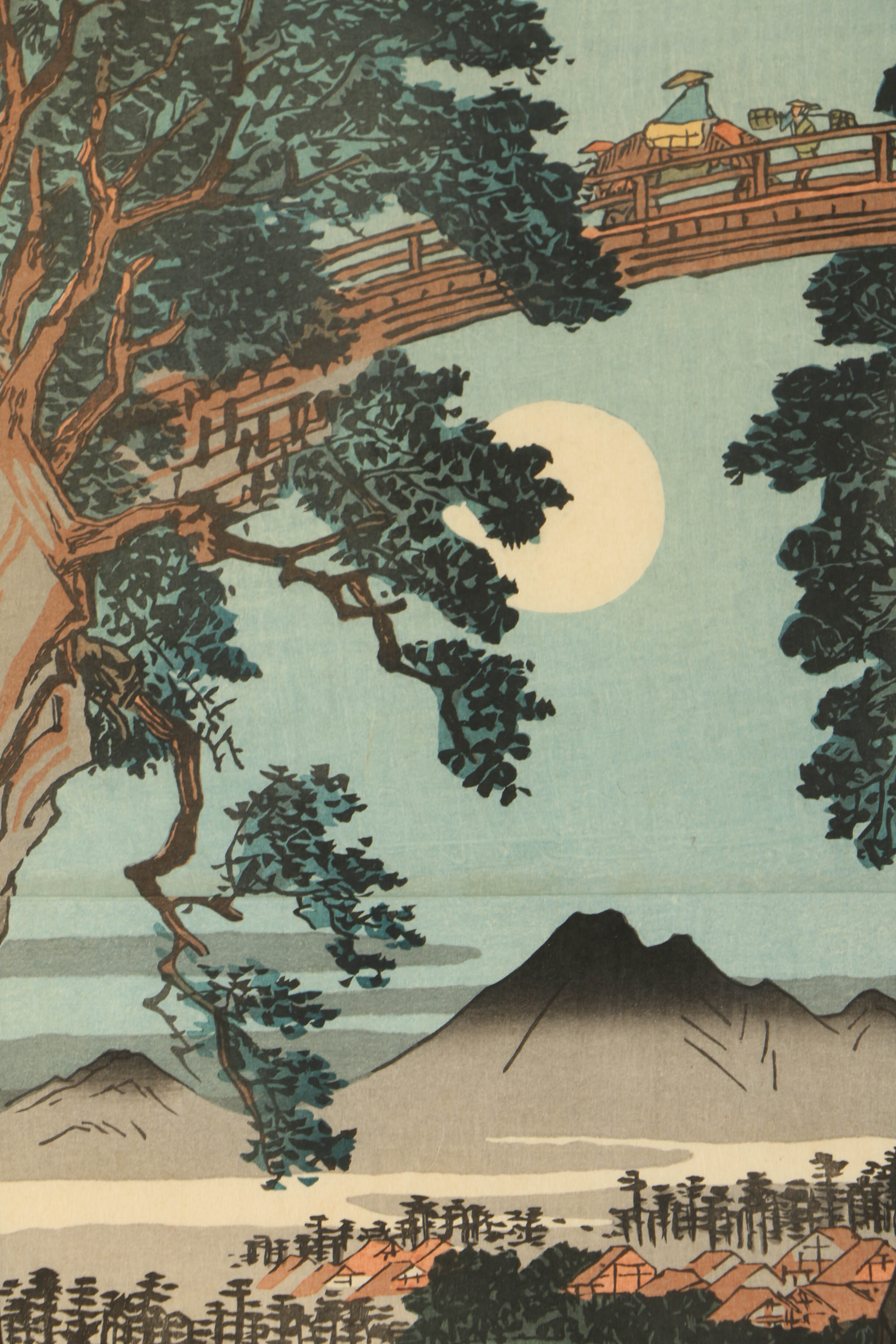 Woodblock After Utagawa Hiroshige's "Moonrise Behind Monkey Bridge"