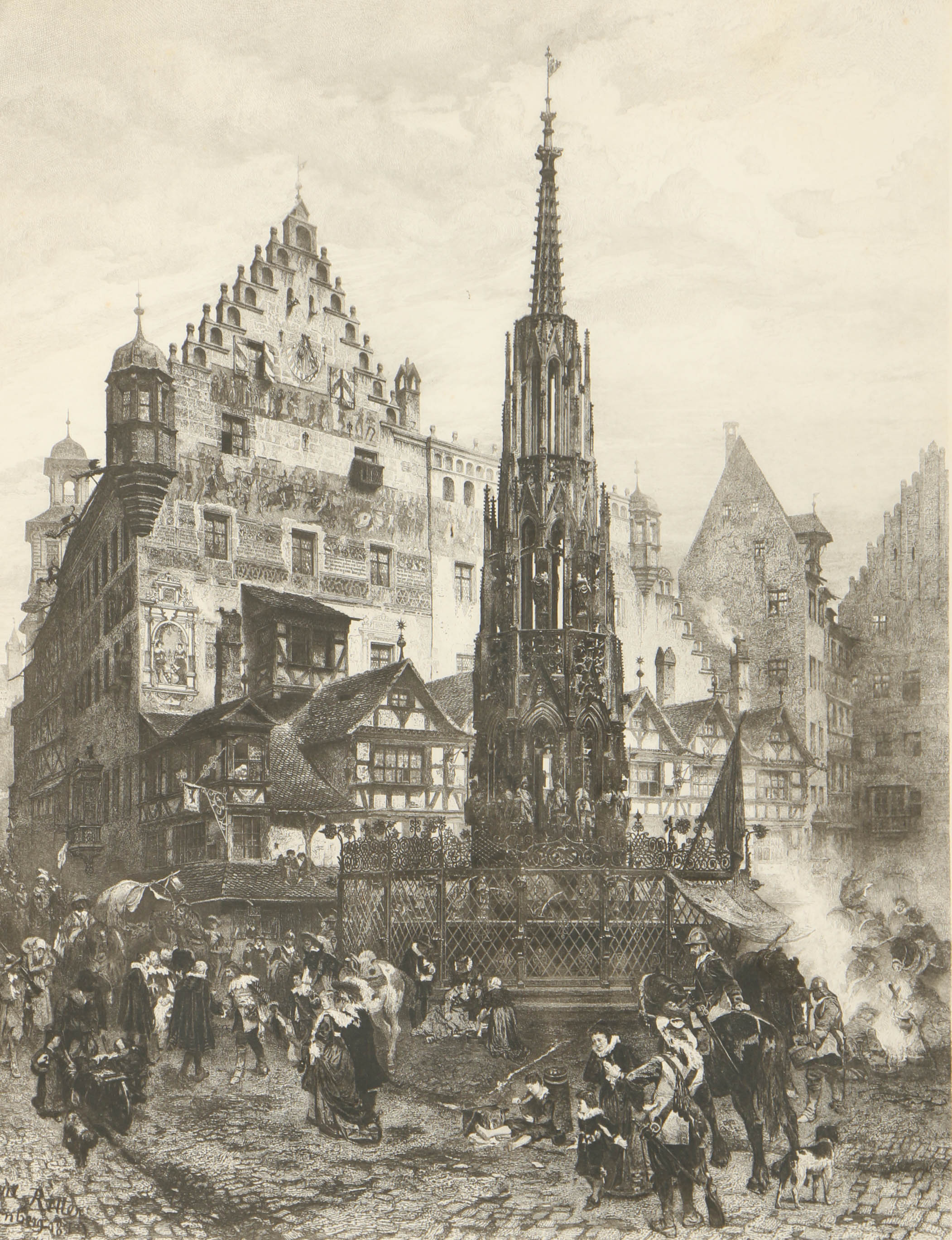 Etching "Der schone Brunnen in Nurnberg./Im Jahre 1632" After Paul Ritter