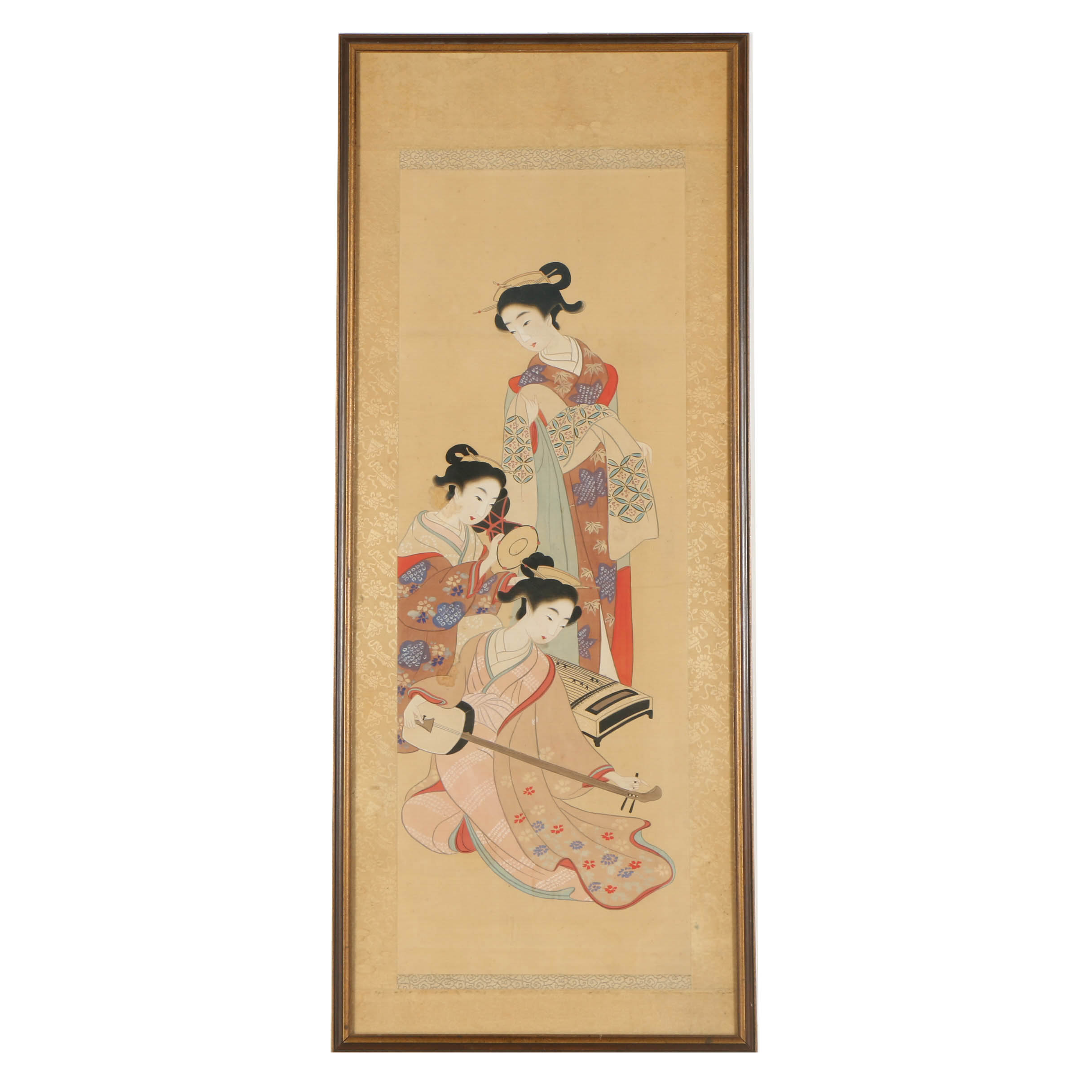 Japanese Gouache Painting on Silk of Musical Genre Scene