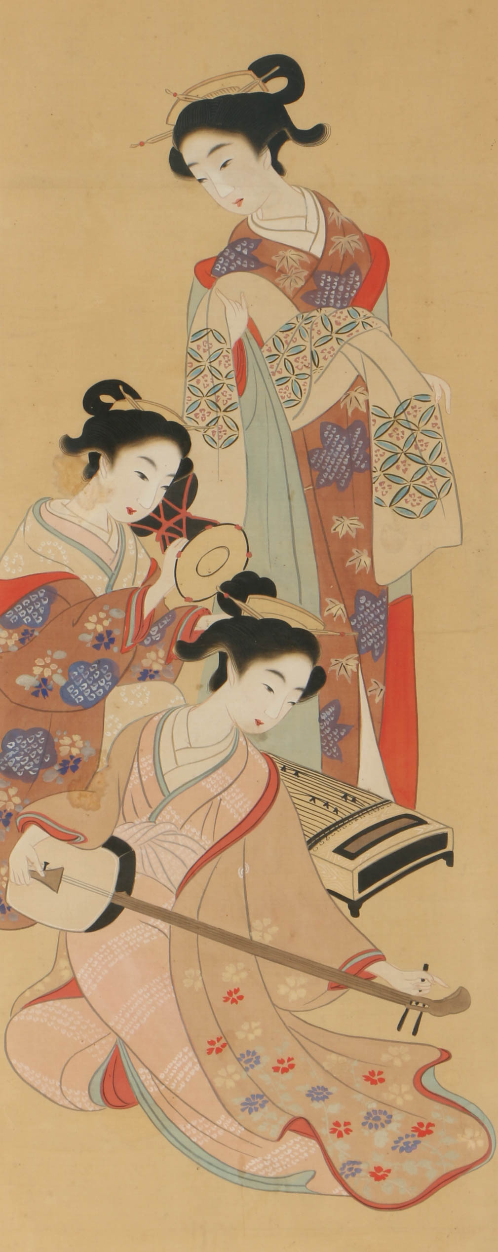 Japanese Gouache Painting on Silk of Musical Genre Scene