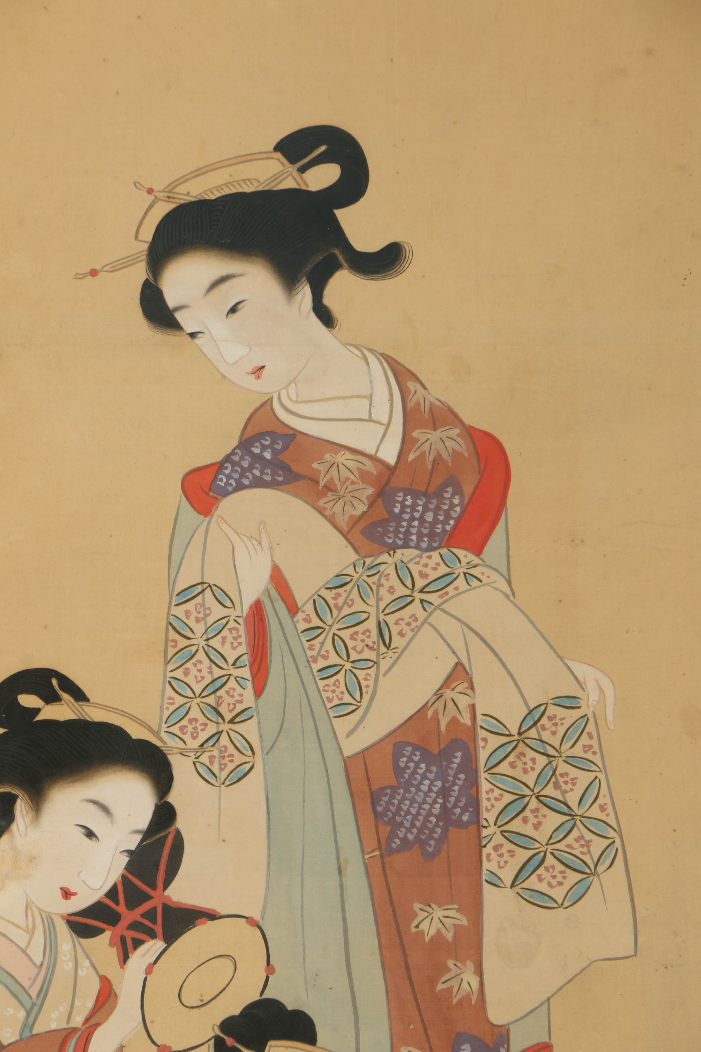 Japanese Gouache Painting on Silk of Musical Genre Scene