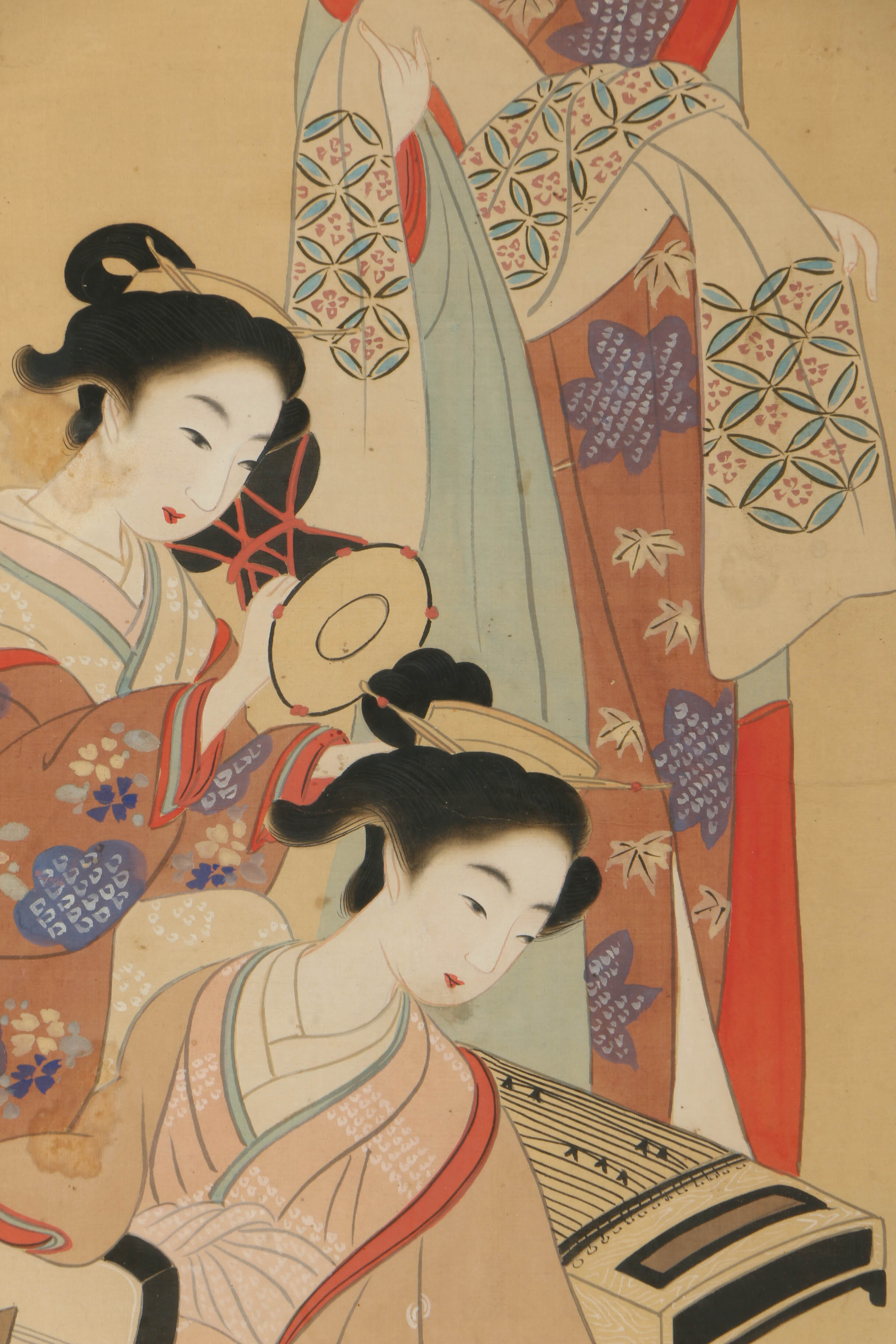 Japanese Gouache Painting on Silk of Musical Genre Scene