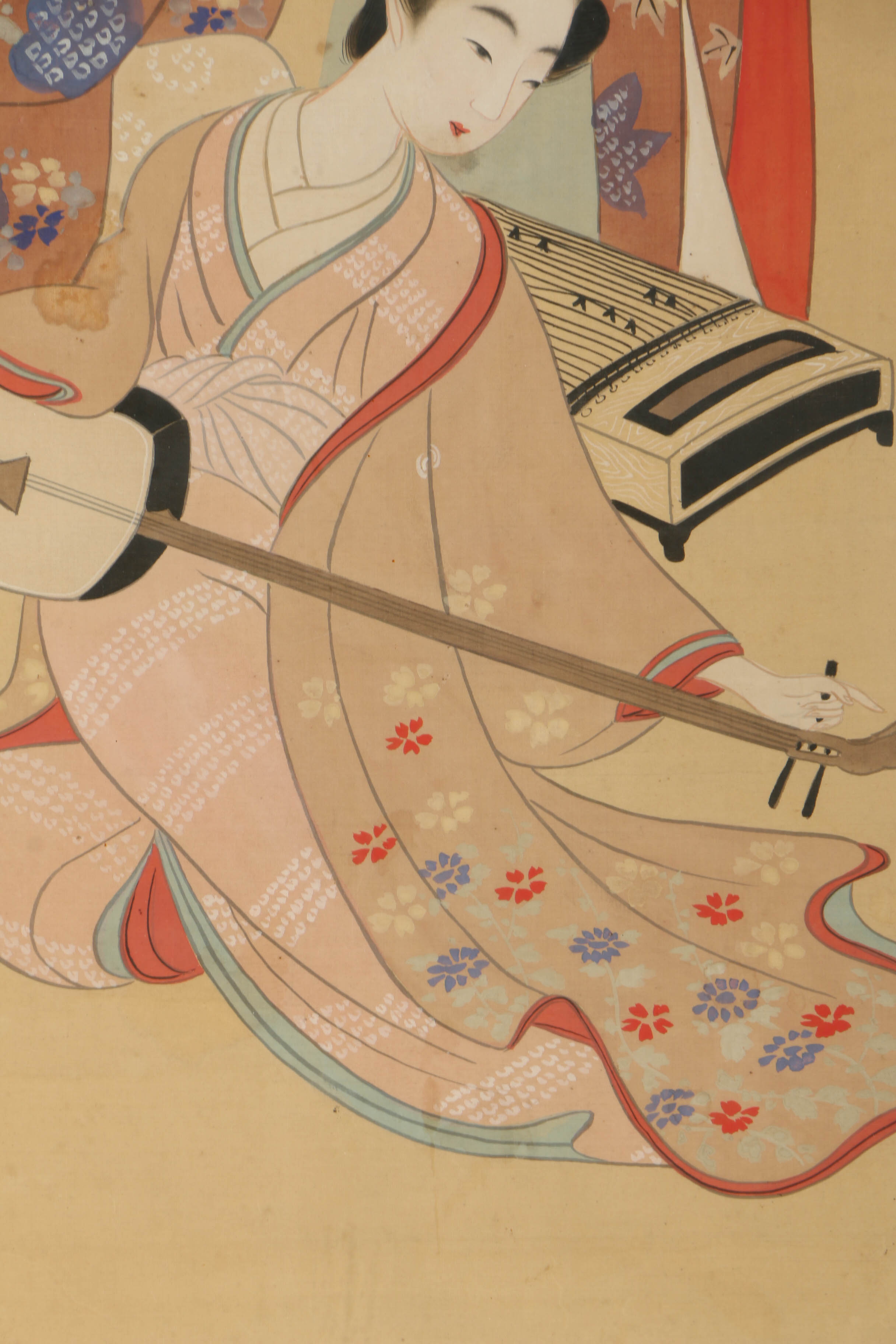 Japanese Gouache Painting on Silk of Musical Genre Scene