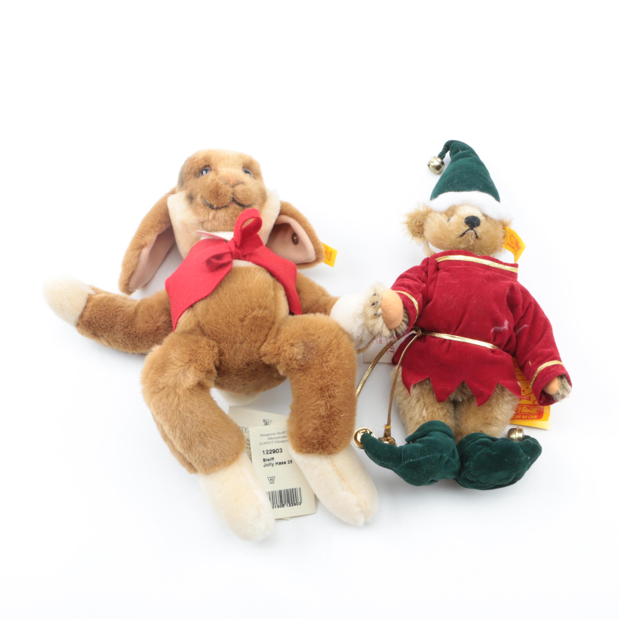 Steiff Plush "Jolly Rabbit" and "Santa's Elf" Teddy Bear